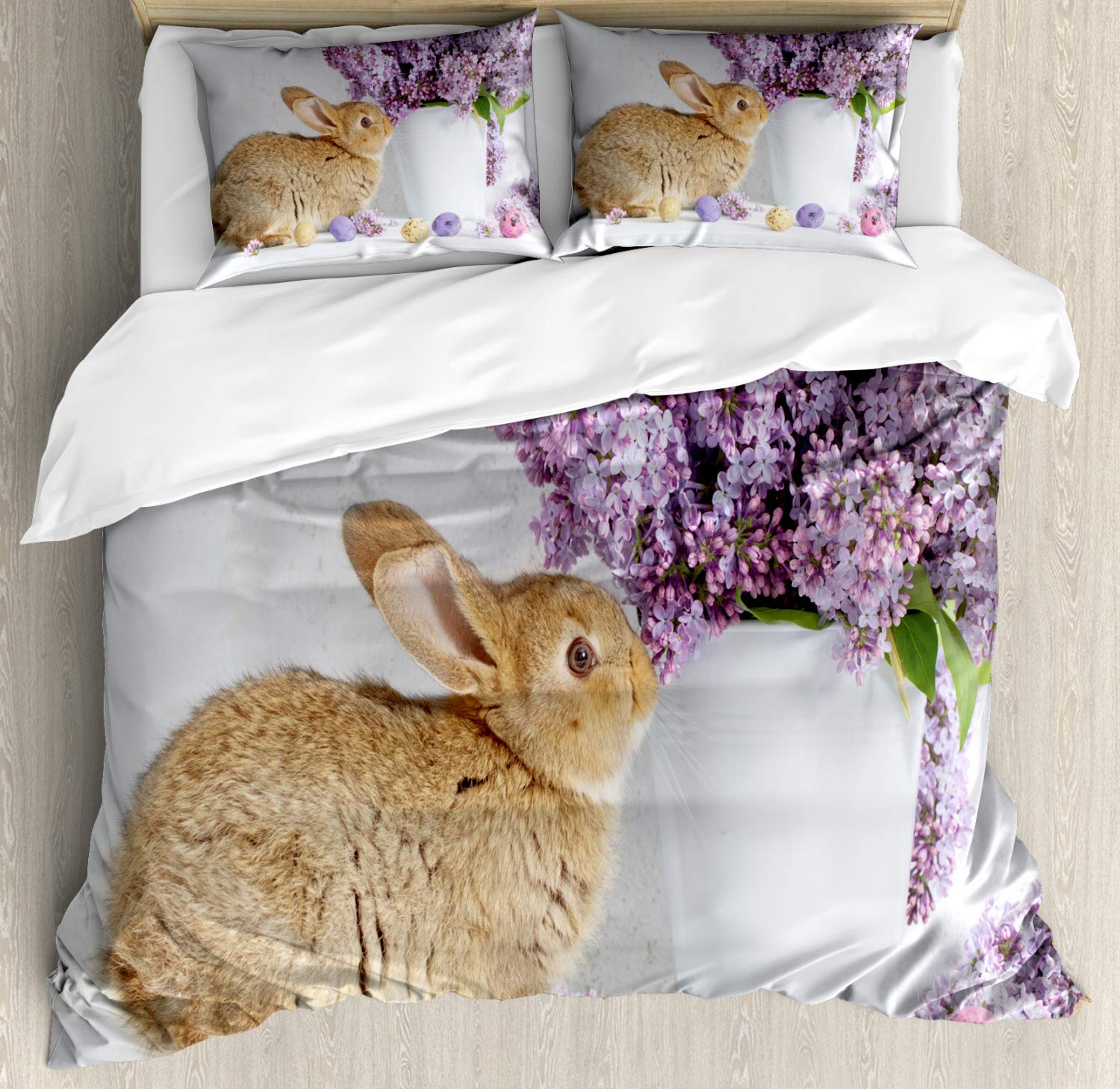 Ambesonne Easter Bunny Duvet Cover Set - Brown Rabbit with Lilac Flowers & Dyed Eggs Floral Design, 3-Piece Bedding Set with 2 Pillow Shams, California King Size, Multicolor - Perfect for Easter Decorations, Spring Bedroom Makeover & Holiday Gift Giving