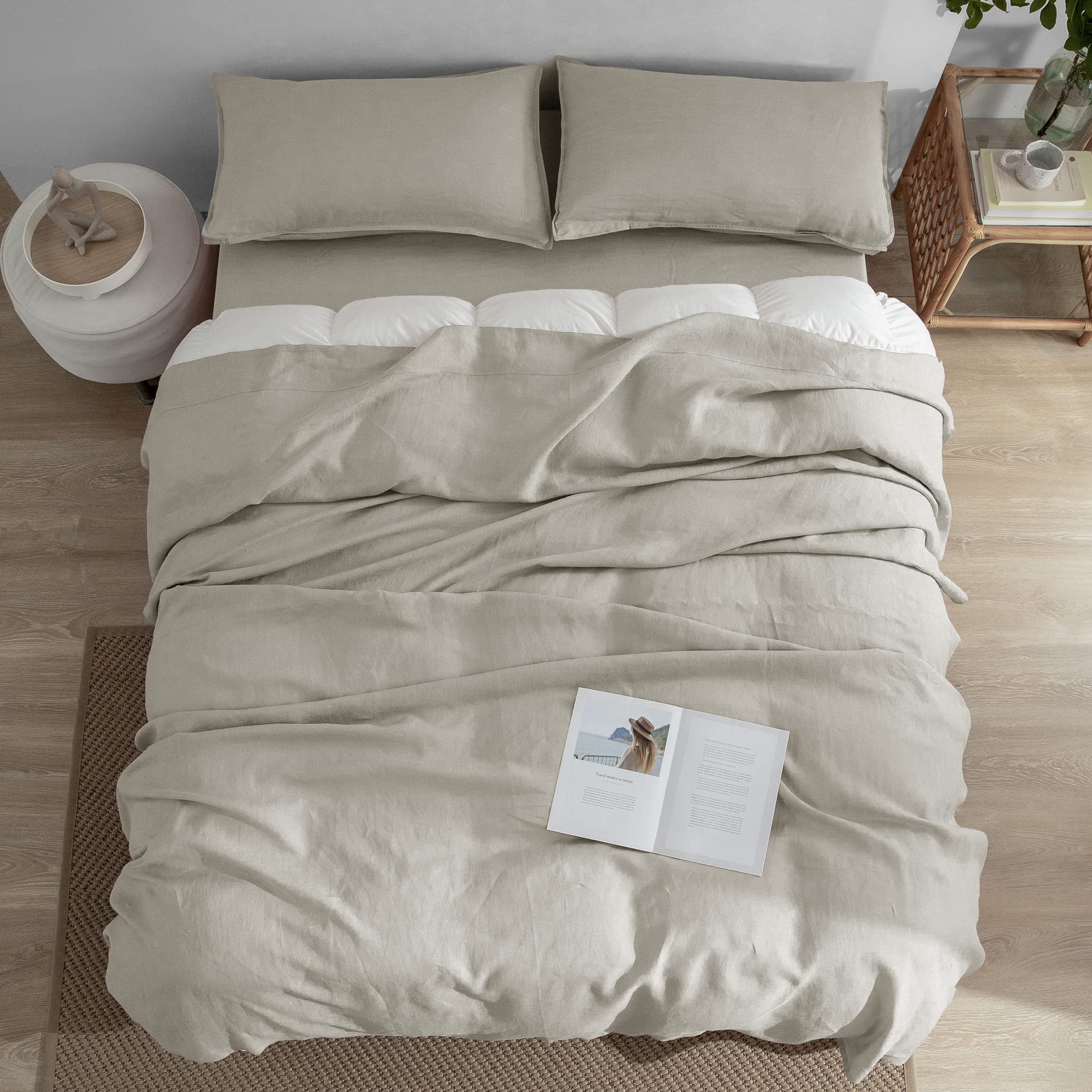 Premium 100% French Stonewash Pure Linen Sheets Set King Size - 4 Piece Natural Undyed Bedding (1 Flat Sheet, 1 Fitted Sheet, 2 Pillowcases) for Hot Sleepers & Deep Pocket Mattresses - Breathable Luxury Bed Sheets for Summer & All-Season Comfort