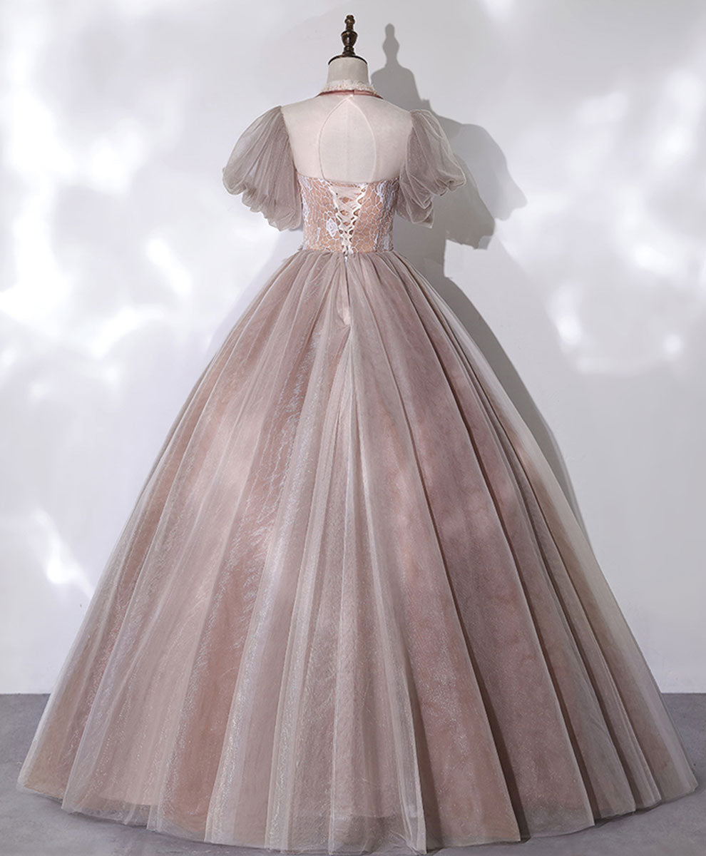 Elegant Pink Tulle Long Prom Dress with Applique Beading - Sweet 16 Formal Gown for Homecoming, Quinceañera & Special Occasions