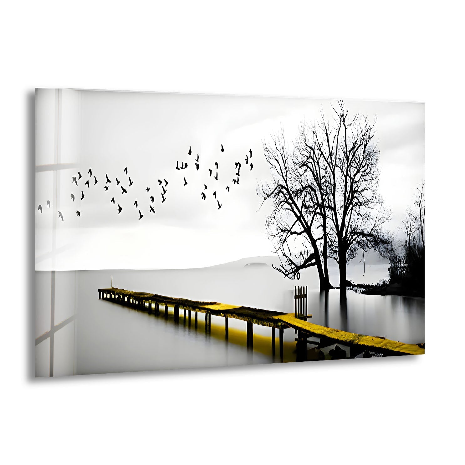 Black and White Dock & Birds Glass Wall Art - Elegant Coastal Decor for Living Room, Bedroom, or Office