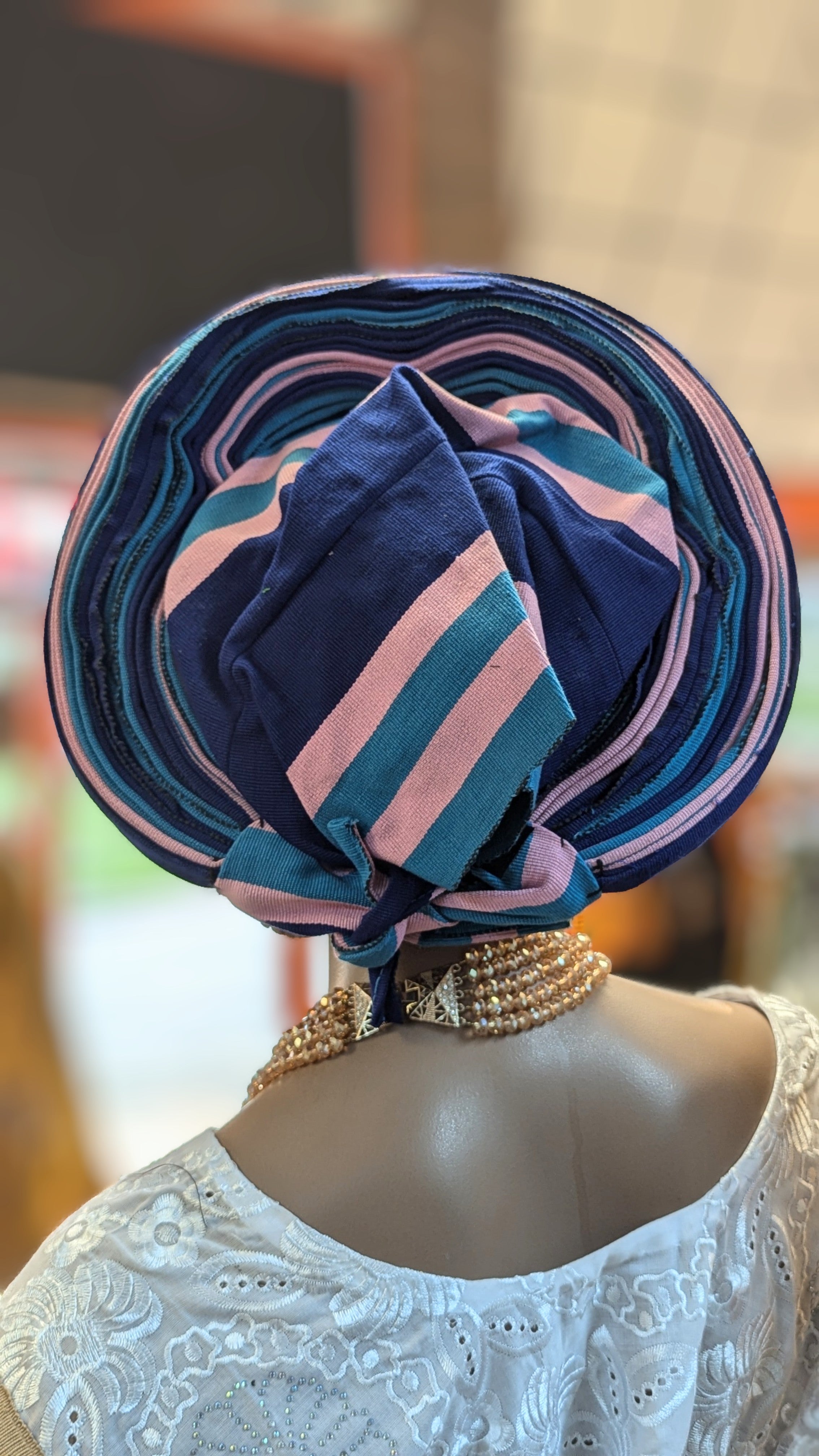 Dupsie's Sapphire Elegance Aso Oke Ready Gele Autogele Pre-Tied Head Wrap Hat DPAGTBRBP2 - Perfect for Weddings, Church, and Special Occasions