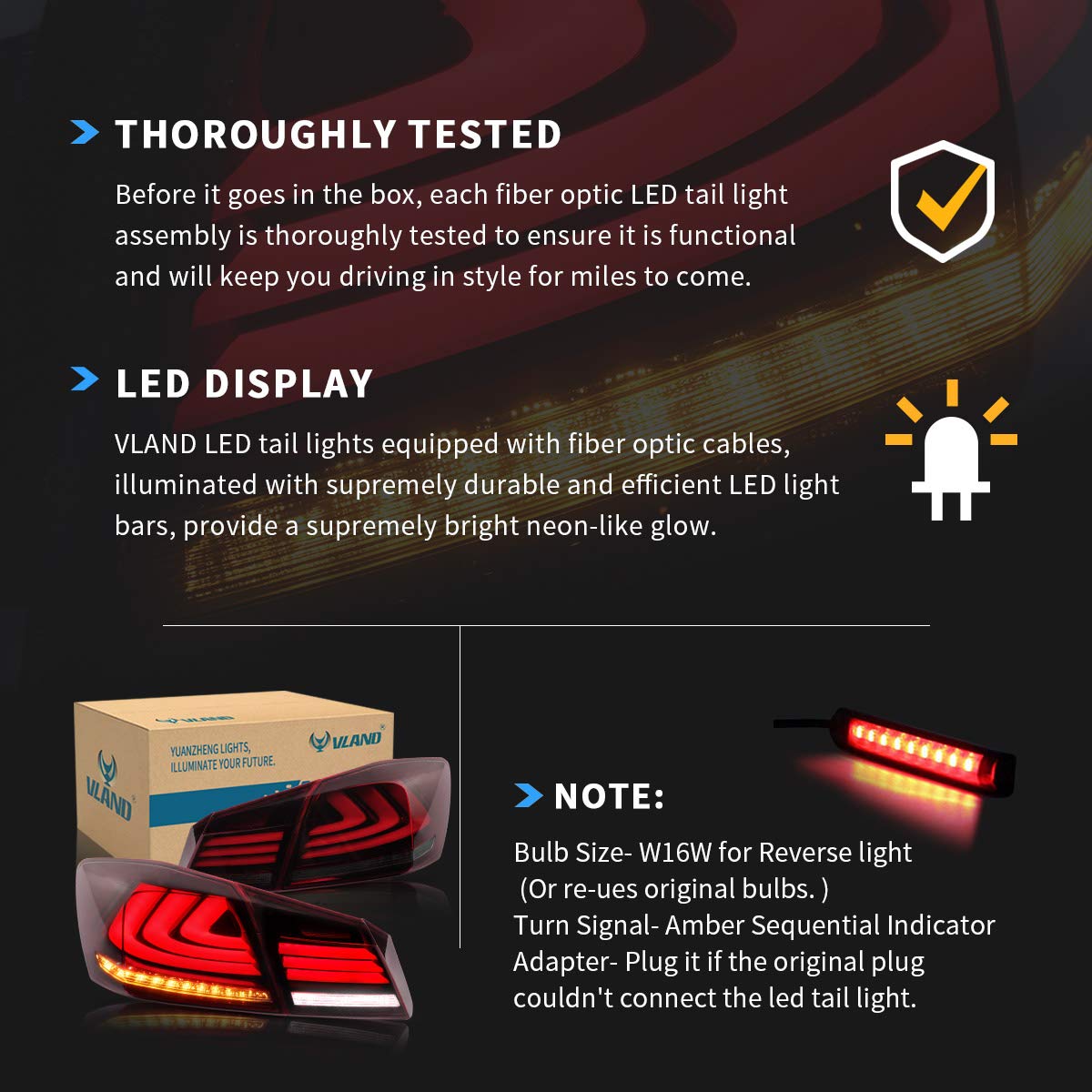 VLAND LED Tail Lights for Honda Accord 2013 2014 2015 - Red Smoke Lens - High Visibility & Style Upgrade - Perfect for Night Driving & Car Customization