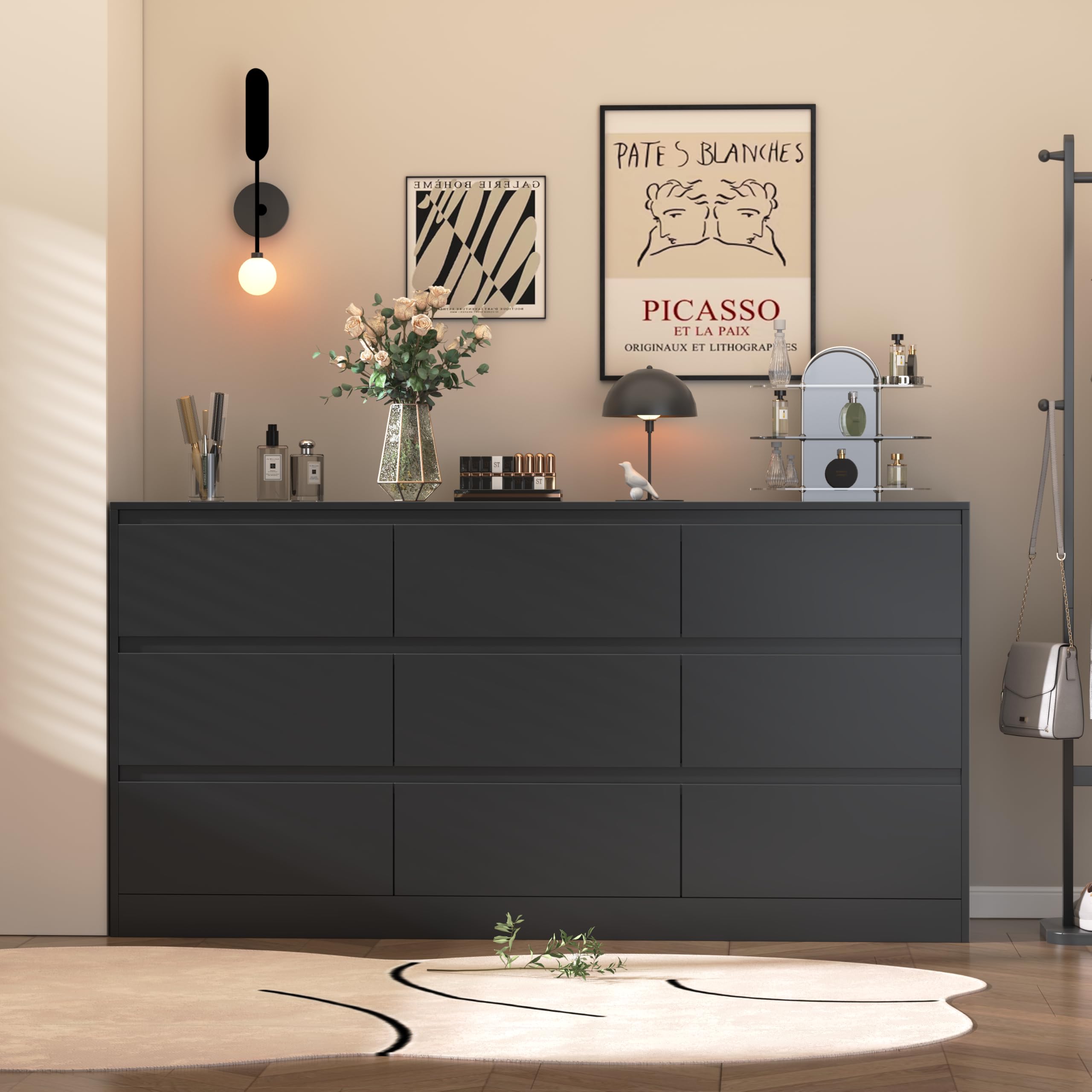INTERGREAT Modern 9-Drawer Wood Dresser for Bedroom - Black Chest of Drawers with Deep Storage for Closet, Nursery, Living Room & Entryway | Perfect for Kids Bedroom, Hallway Organization & Home Decor