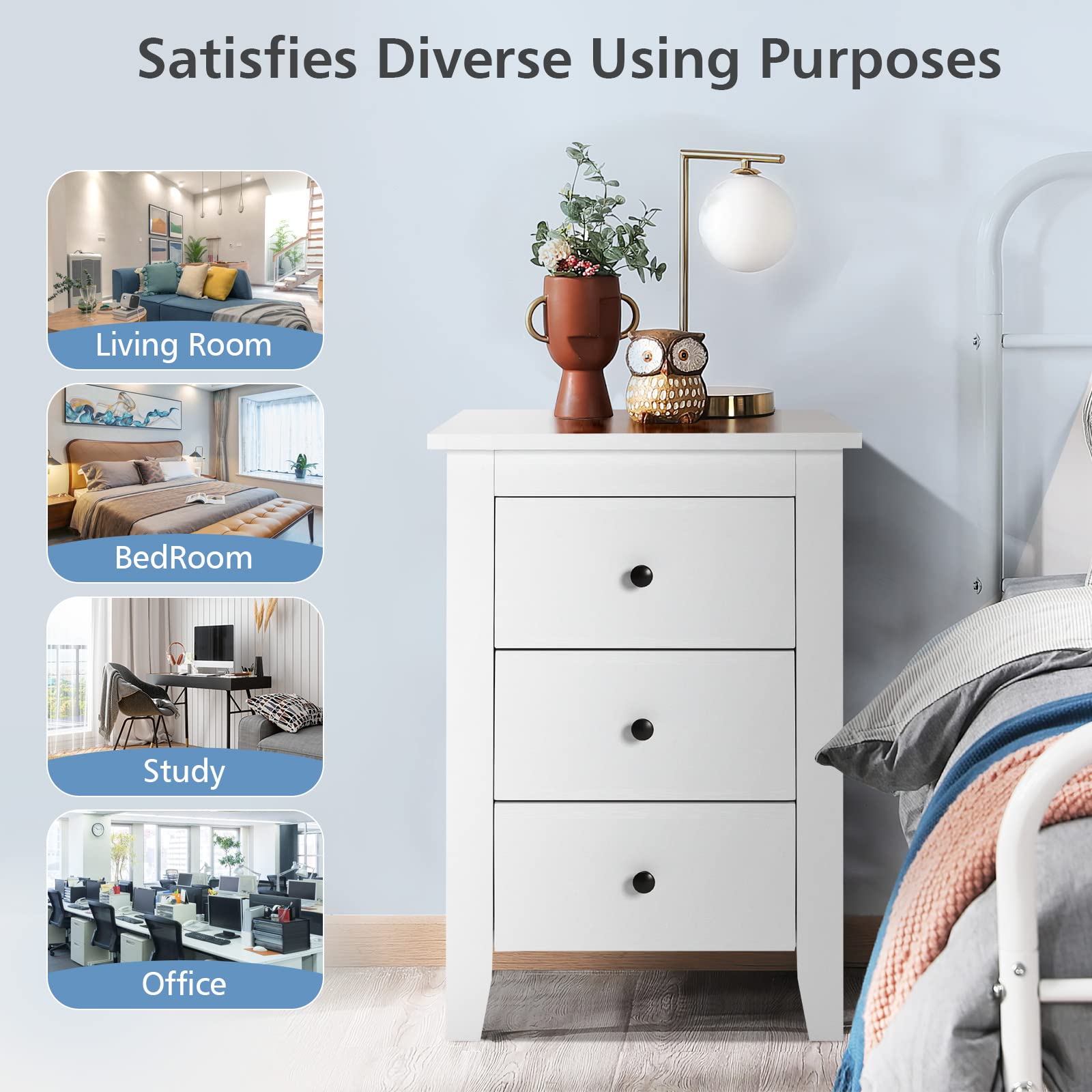 Safeplus 3-Drawer Nightstand - Solid Wood Side Table with Storage for Bedroom, Living Room & Office - White Finish, Compact & Stylish Accent Table for Small Spaces