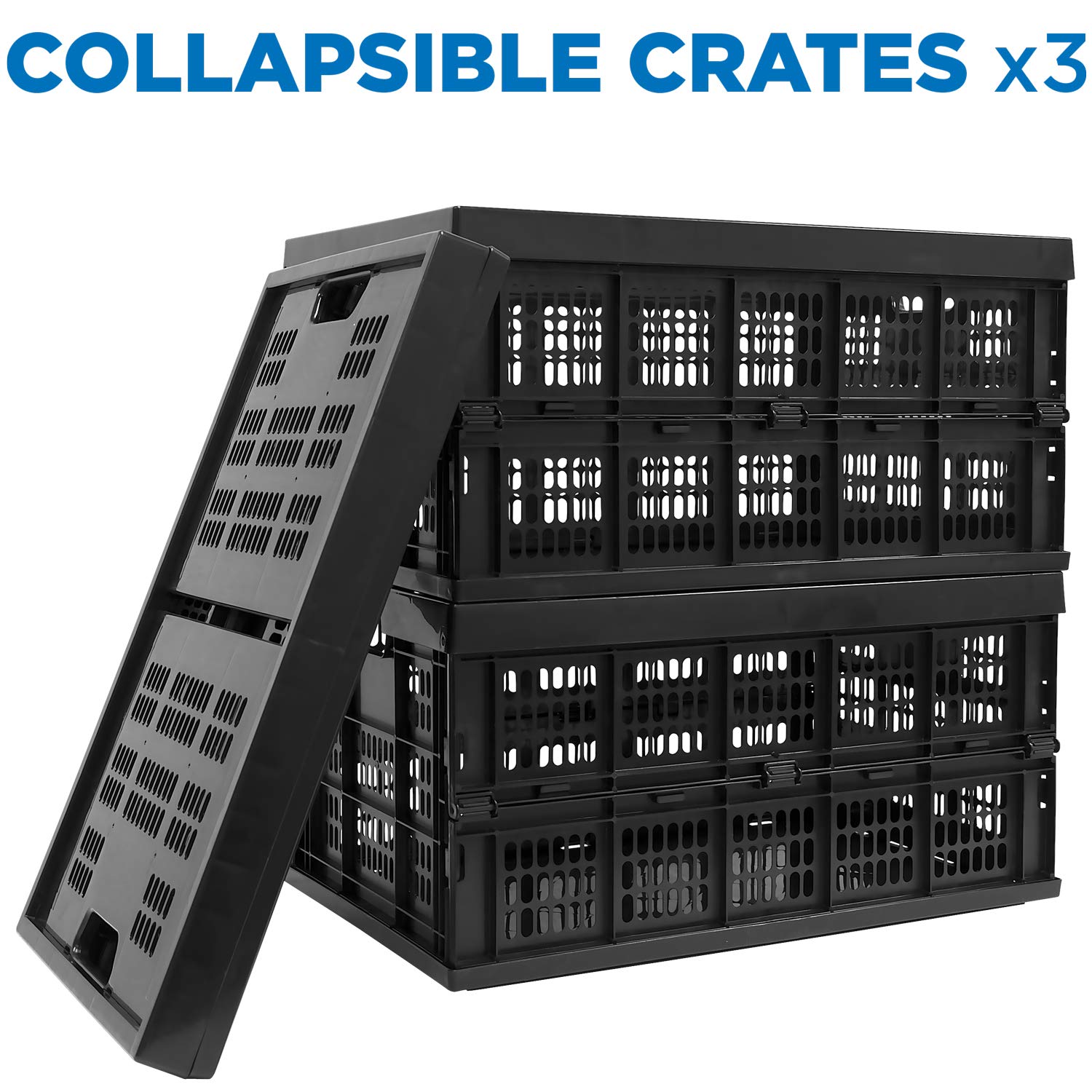 Collapsible Milk Crates 49L - Stackable Plastic Storage Bins Set of 3 - Foldable Organizer for Home, Garage & Warehouse - Perfect for Groceries, Toys & Office Supplies