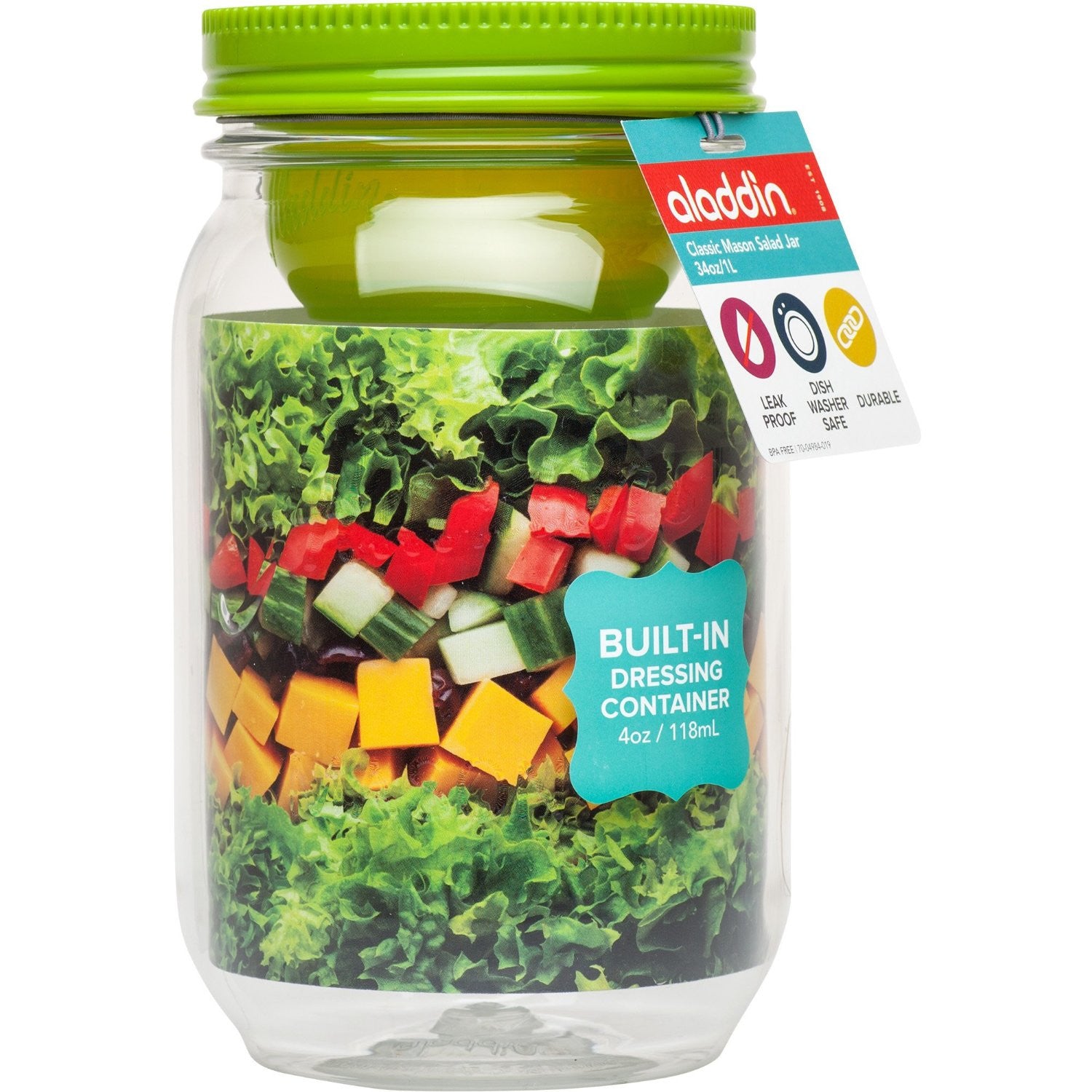 Aladdin Classic Mason Salad Jar with Sauce Holder 34oz (946mL) - Perfect for Meal Prep, Office Lunches & Healthy Eating - BPA-Free Leakproof Glass Container