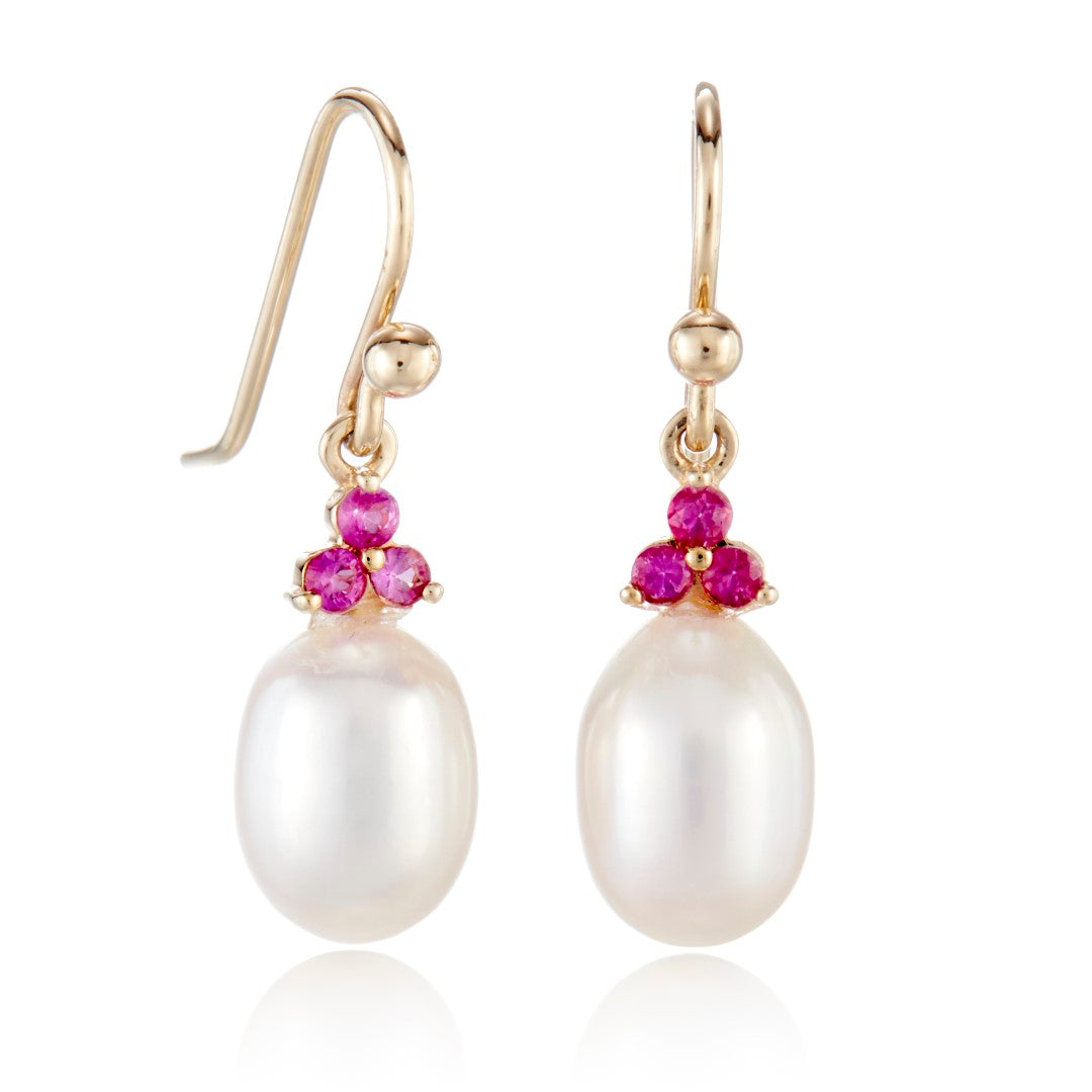 Madison Drop Earrings with Pearls & Pink Sapphires | Elegant Dangle Jewelry for Women | Perfect for Weddings, Parties & Special Occasions