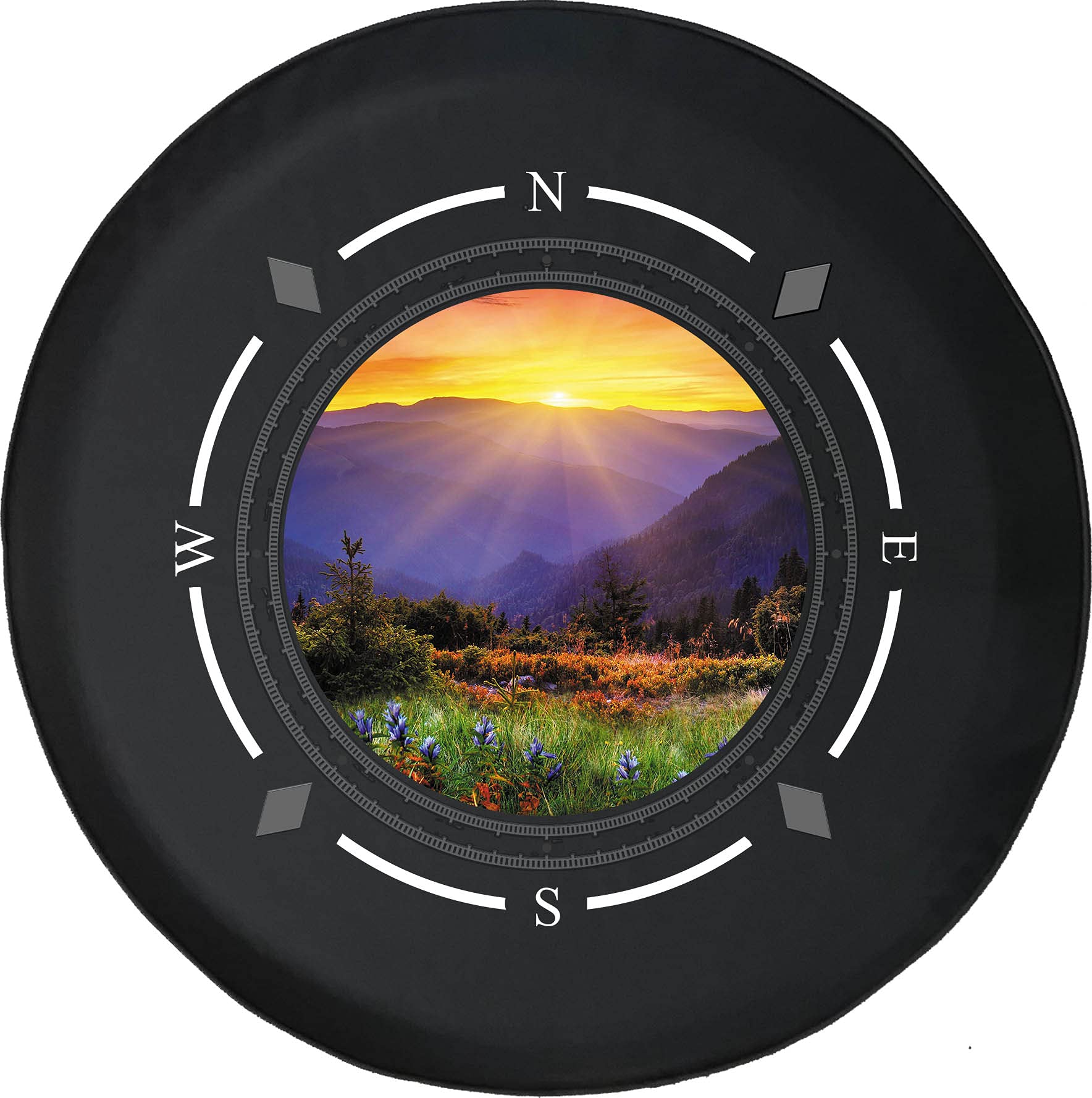 American Unlimited Spare Tire Cover with Compass & Sunset Design - Universal Fit for SUVs, Trailers, RVs & Most Vehicles | Durable Wheel Protection for Off-Road Adventures & Camping Trips