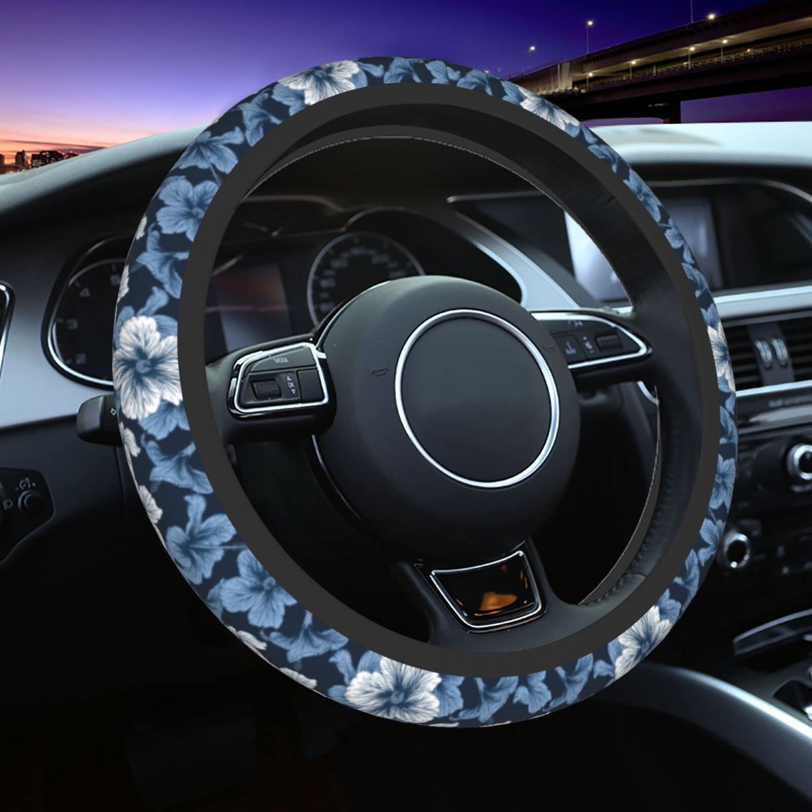 Universal 15-inch Tropical Hibiscus Flower Steering Wheel Cover - Hawaiian Print Neoprene Car Wheel Protector for Cars, SUVs & Trucks - Perfect for Summer Beach Trips & Tropical Themed Vehicles