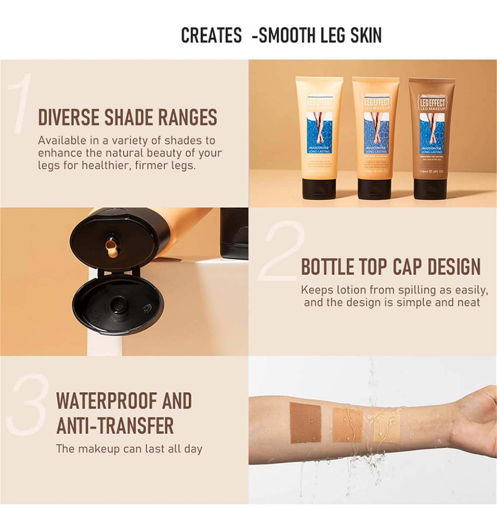 Waterproof Leg Makeup Lotion - No Transfer, Covers Veins & Scars, Tattoo Concealer for Natural Skin Tone | Perfect for Weddings, Photos & Everyday Wear (#1)