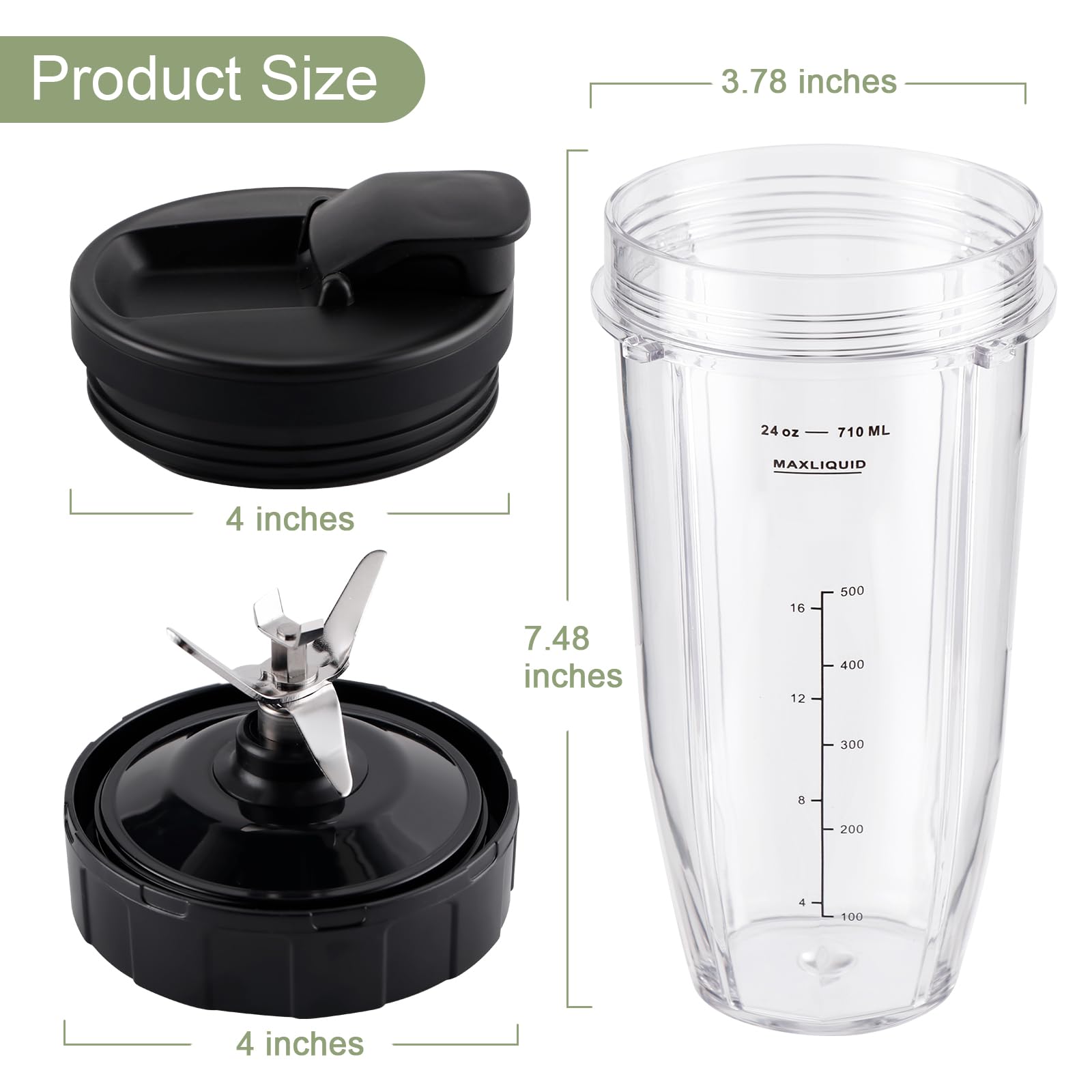5-Piece Ninja Blender Replacement Set - 24oz Cups with Leakproof Lids & 7-Fin Extractor Blade - Compatible with Nutri Ninja Auto iQ BL2012 BN801 BL480 BL682 BL642 - Perfect for Smoothies, Protein Shakes & Meal Prep On-The-Go