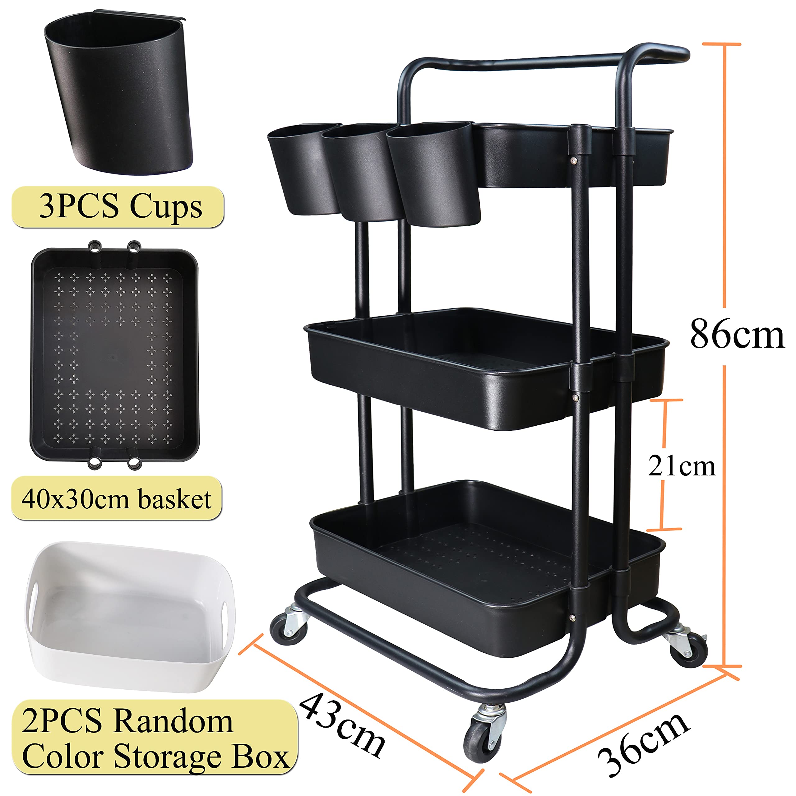 3-Tier Rolling Utility Cart with 3 Hanging Cups, 8 Hooks & 2 Storage Boxes - Mobile Organizer Shelf for Kitchen, Bathroom, Office & Home - Perfect for Storing Cleaning Supplies, Toiletries or Office Essentials (Black)
