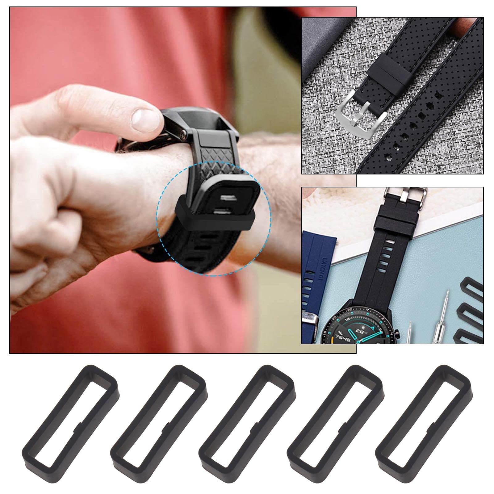 22/24mm Smartwatch Strap Ring Holder - Black Silicone Band Loop for Sports & Fitness Watches