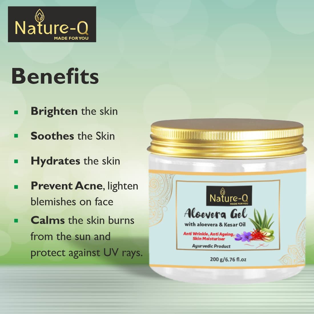 Nature Q Pure Aloe Vera Gel 200g with Aloe Vera & Saffron Oil for Face & Hair – Hydrating, Moisturizing, Soothing Skin Care (Paraben Free) | Perfect for Sunburn Relief, Dry Skin Treatment & Hair Conditioning
