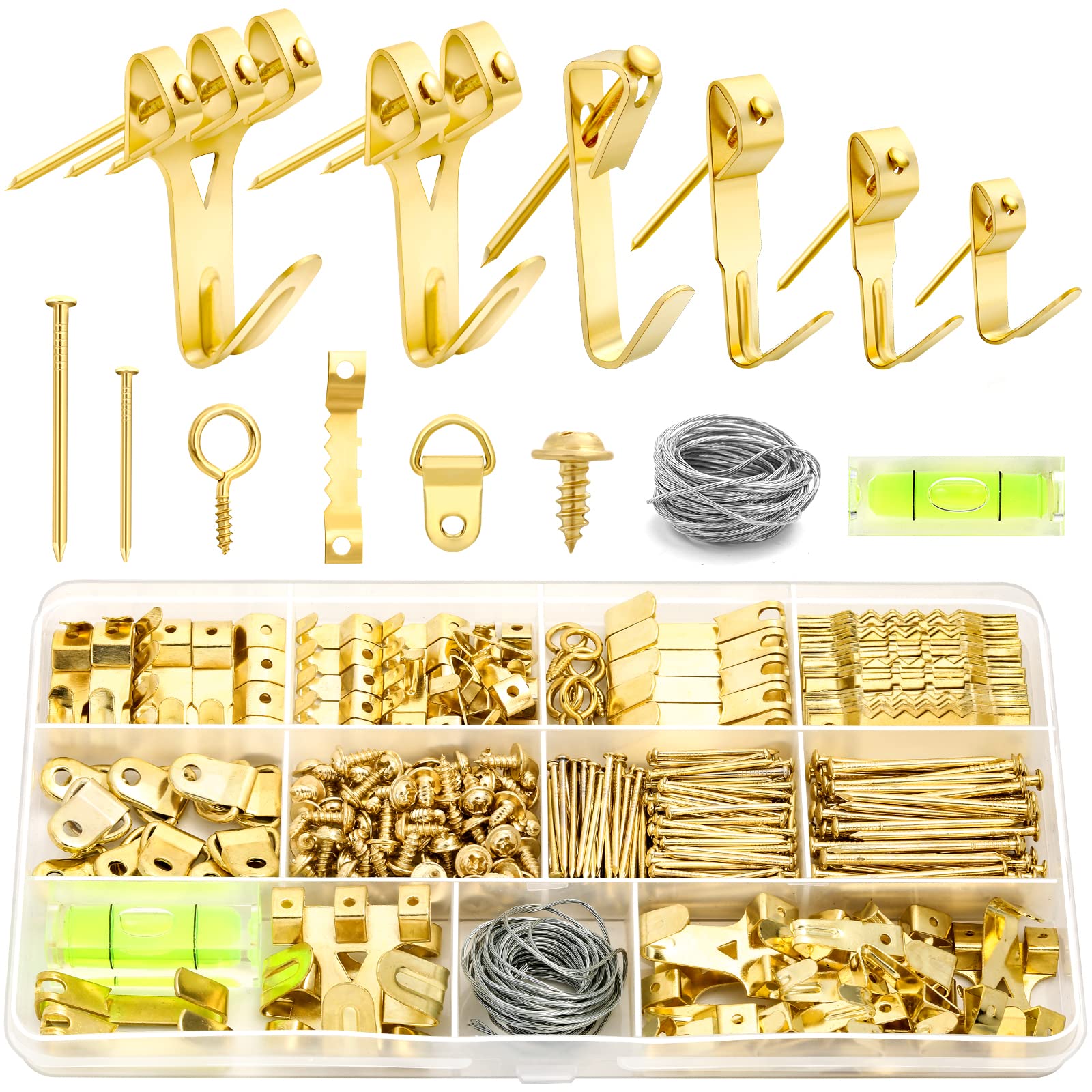 MAPVOLUT 372 PCS Heavy Duty Picture Hanging Kit - Includes Sawtooth Hangers, D Rings, Screw Eyes, Hooks, Nails & Level - Complete Wall Mounting Hardware for Frames, Mirrors & Artworks (Perfect for Home Decor, Gallery Display & Office Wall Organization)