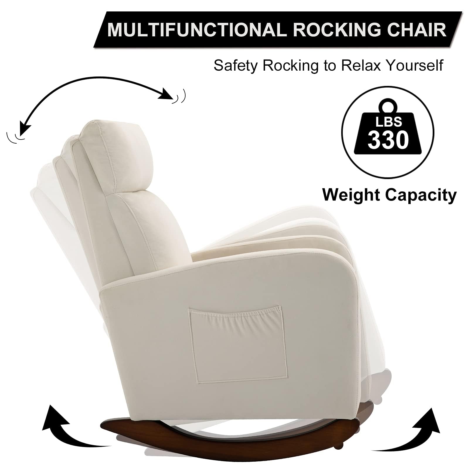 AVAWING Nursery Rocking Chair - Upholstered Glider Chair with Solid Wood Legs & Side Pockets - High Back Rocker for Living Room, Bedroom, Nursery (Beige) - Perfect for Breastfeeding, Reading & Relaxing