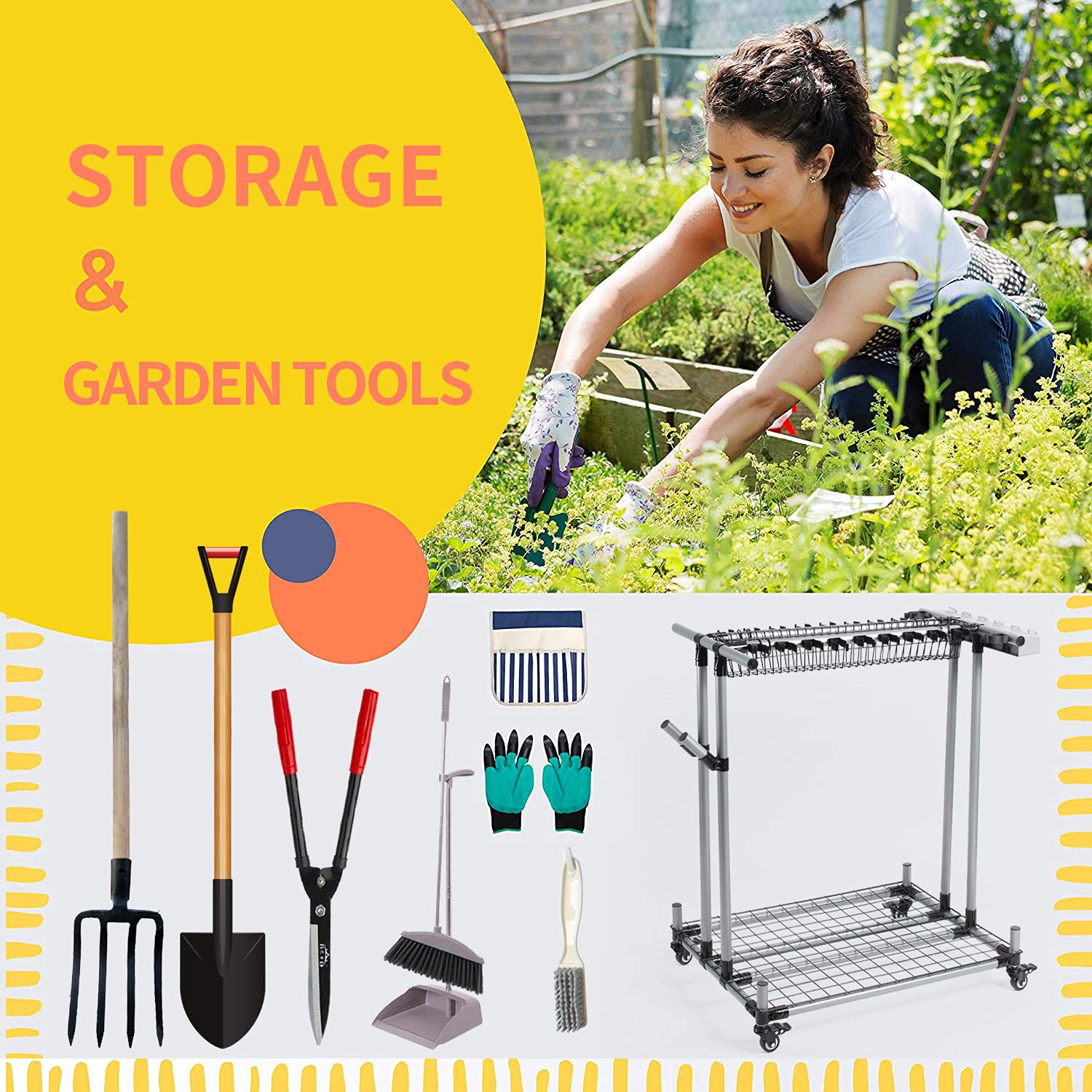 Heavy Duty Metal Garage Storage Holder - Large Long Lawn Tool Organizer Rack for Garden & Yard Tools | Sturdy Mobile Cart for Efficient Tool Storage & Organization | Perfect for Garage, Shed, or Outdoor Workspace