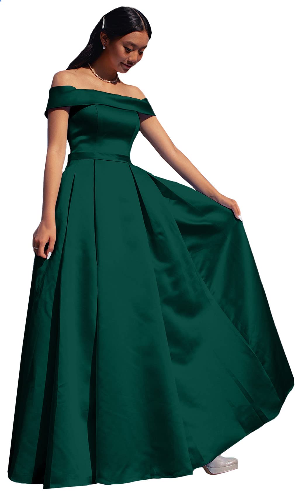 ANGELWARDROBE Women's Long Off Shoulder Prom Dresses - Satin A-Line Formal Evening Gowns with Slit Pockets for Homecoming, Wedding Guest & Black Tie Events