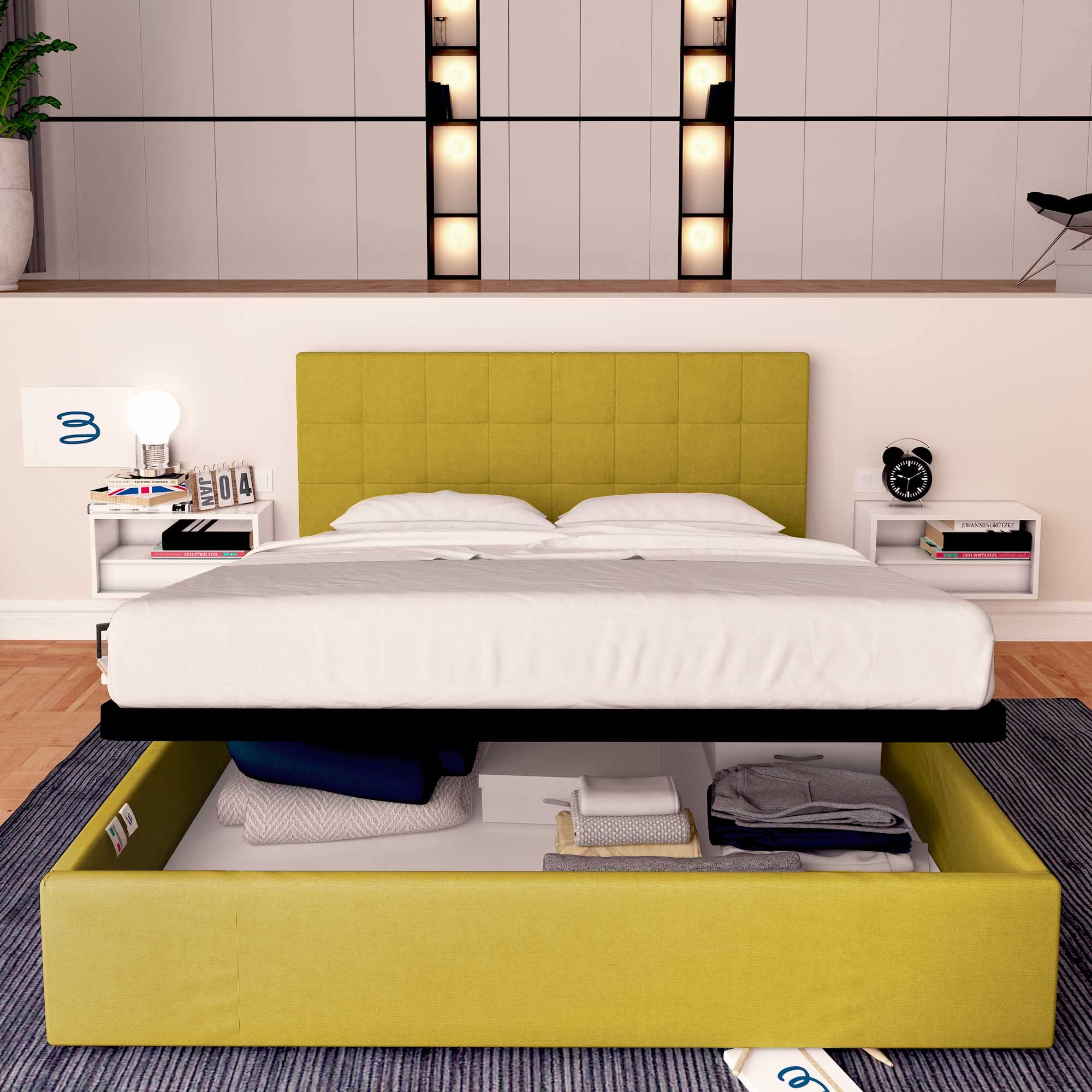 Baldiflex Double Bed Frame with Storage, Dublin Fabric Model, Slatted Base for Single Mattresses, 160 x 190 cm, Elegant Mustard Headboard - Perfect for Small Bedrooms & Guest Rooms