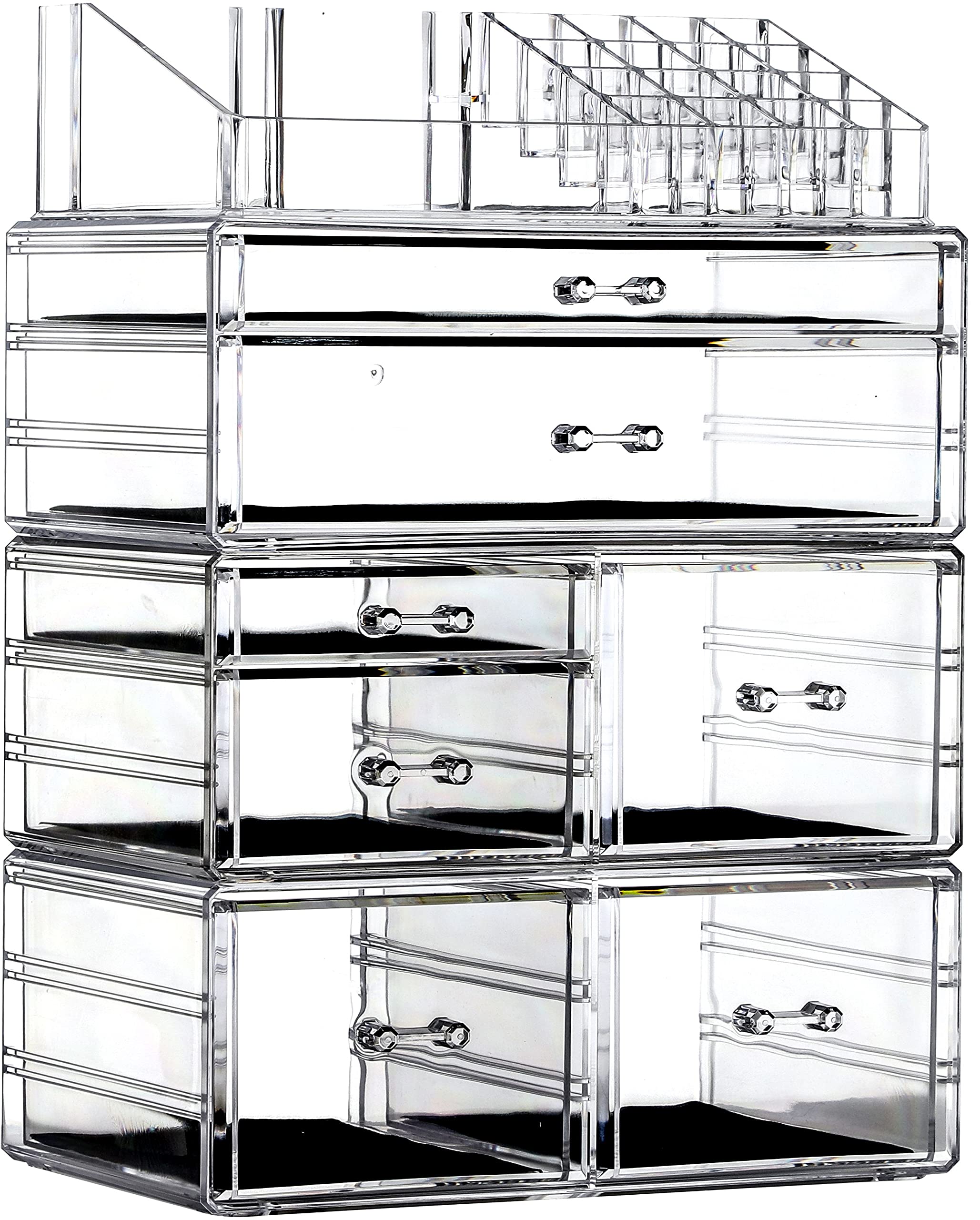 4 Pack Clear Acrylic Skincare Organizer - Stackable 7 Drawer Makeup Storage for Vanity | Cosmetic Organizer for Jewelry, Hair Clips & Beauty Products | Perfect for Bathroom Counter, Dressing Table & Bedroom Decor