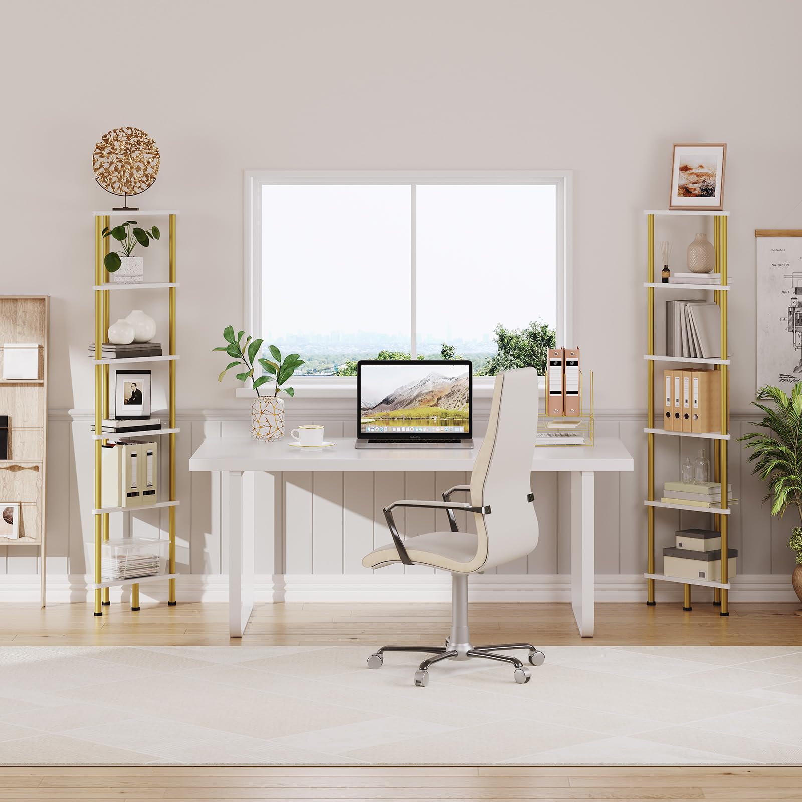 HOOBRO 6-Tier Industrial Corner Bookshelf - White & Gold Metal Wall Shelf for Small Spaces, Living Room, Bedroom | Book Storage, Plant Display, Home Decor Organizer (Model DW36CJ01)