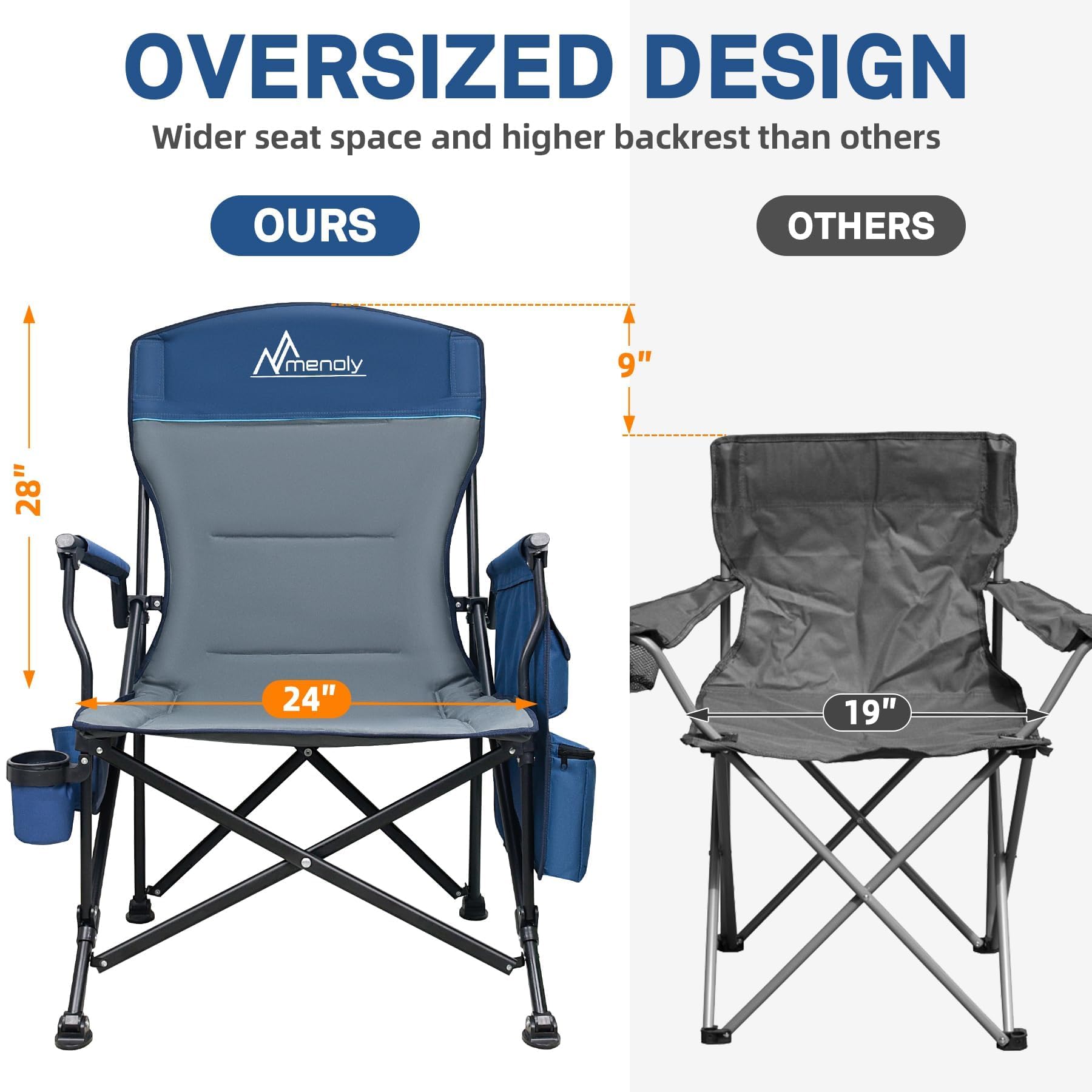 MENOLY Oversized Folding Camping Chair with Cooler Bag - Heavy Duty 500lbs Capacity Portable Chair for Adults - Side Pockets & Cup Holder - Perfect for Camping, Beach, Fishing, Backyard & Outdoor Events