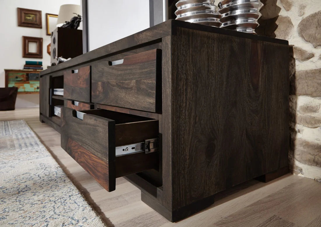 Gfine Solid Sheesham Wood TV Stand with Single Door & 4 Drawers - 172x40x48Cm Modern Entertainment Center for Living Room, Bedroom & Home Theater