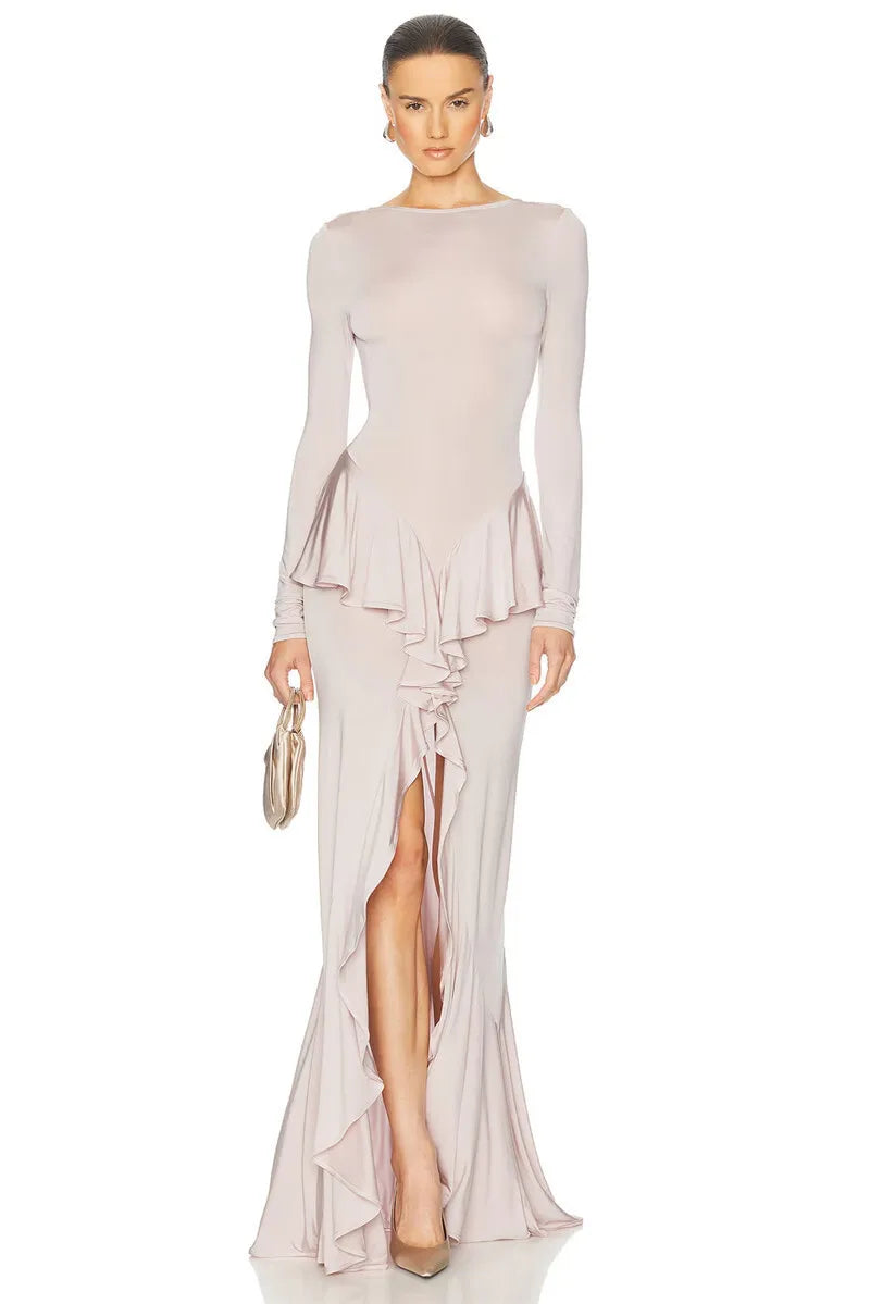 Sexy Backless Ruffled Maxi Dress for Women - Elegant O-Neck Long Sleeve Evening Gown with Thigh High Split | Perfect for Prom, Wedding Guest & Cocktail Parties