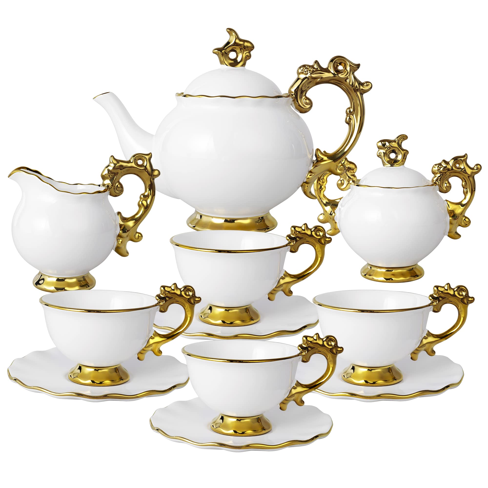 Fanquare 15-Piece Vintage Porcelain Tea Set for 6 - Elegant White Large Tea Cups with Saucers - Perfect for Afternoon Tea Parties, Bridal Showers & English High Tea Gatherings