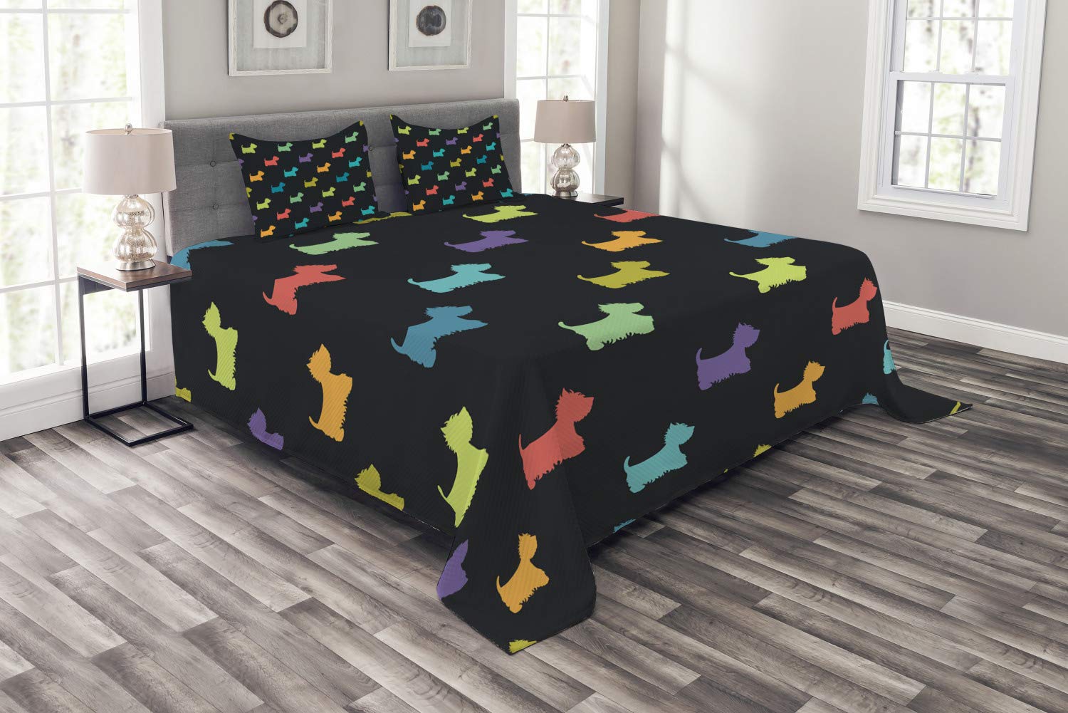 Ambesonne Dog Lover Bedspread Set - Colorful West Highland Terrier Silhouette Design, 3-Piece King Size Bedding with 2 Pillow Shams for Dog Enthusiasts | Perfect for Pet-Themed Bedrooms, Dog Lover Gifts & Cozy Home Decor
