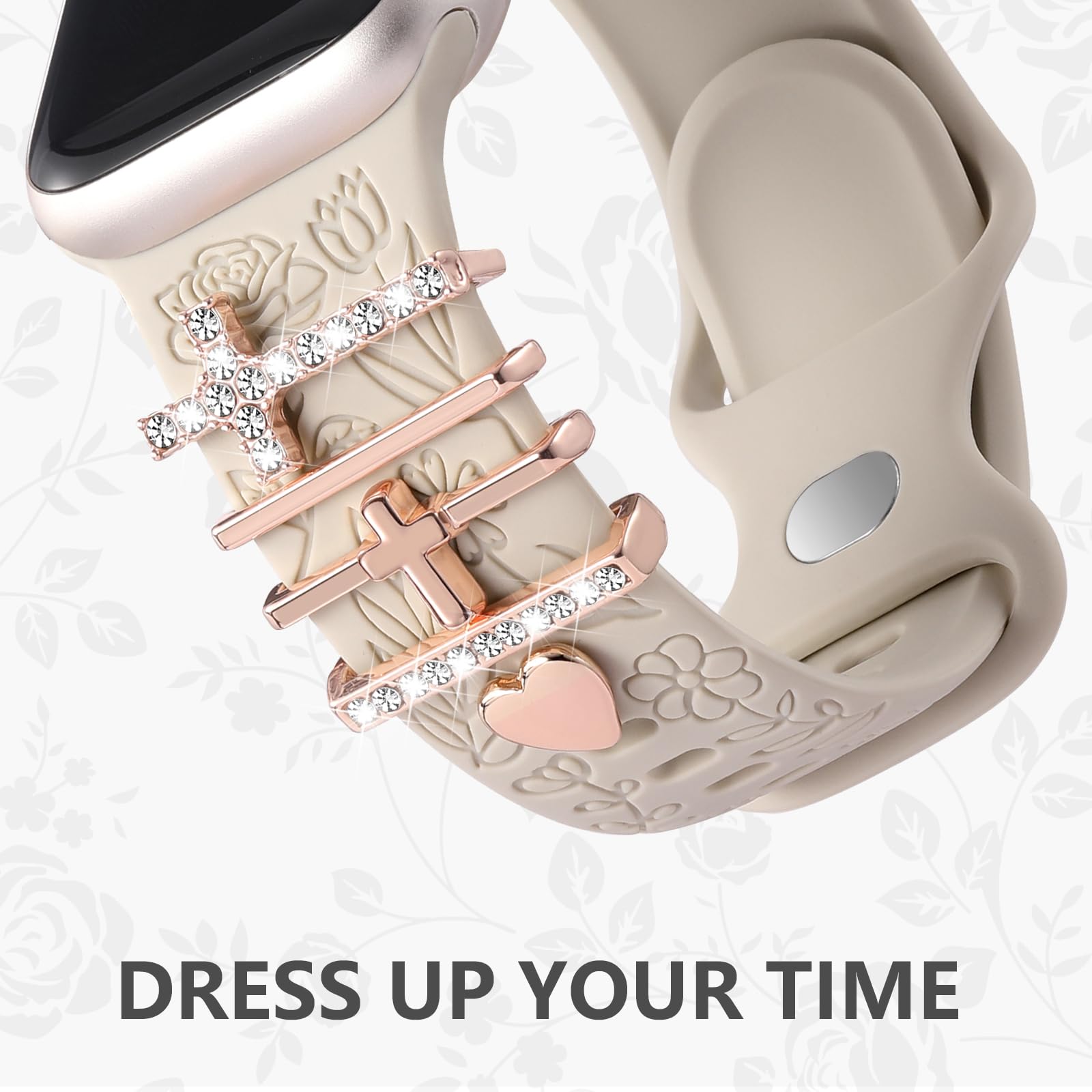DaQin Floral Engraved Silicone Band Compatible with Apple Watch 40mm 38mm 41mm 44mm 42mm 45mm - Women's Fashion Strap with Charms for iWatch Series 9/8/7/6/5/4/3/2/1/SE - Perfect for Workouts, Office & Everyday Wear