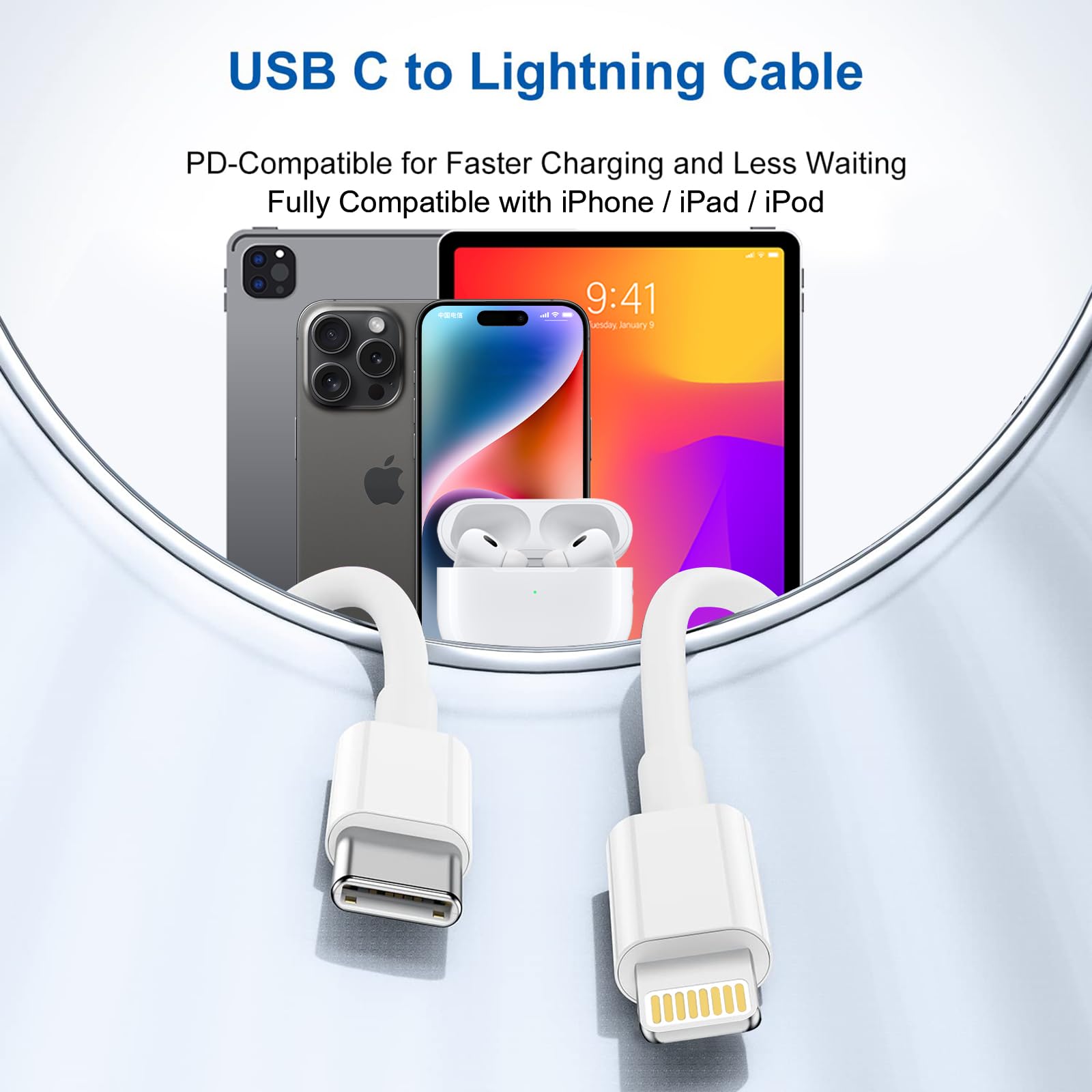 MFi Certified USB C to Lightning Cable - Fast Charging iPhone Charger Cord (3 Pack: 6ft+6ft+10ft) for iPhone 14/13/12/11/X/8 - Perfect for Home, Office & Travel Charging