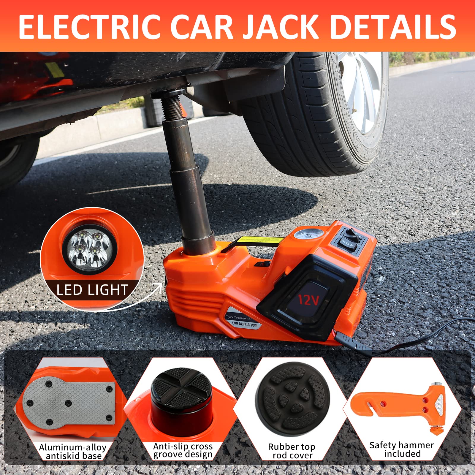 5 Ton Electric Hydraulic Car Jack Kit with Impact Wrench & Tire Inflator (6.1-17.7