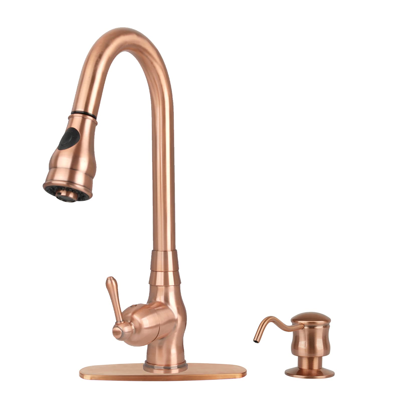 Akicon Copper Kitchen Faucet with Soap Dispenser - Single Handle Solid Brass High Arc Pull Down Sprayer Head - Deck Plate Included - Perfect for Modern Farmhouse & Industrial Style Kitchens