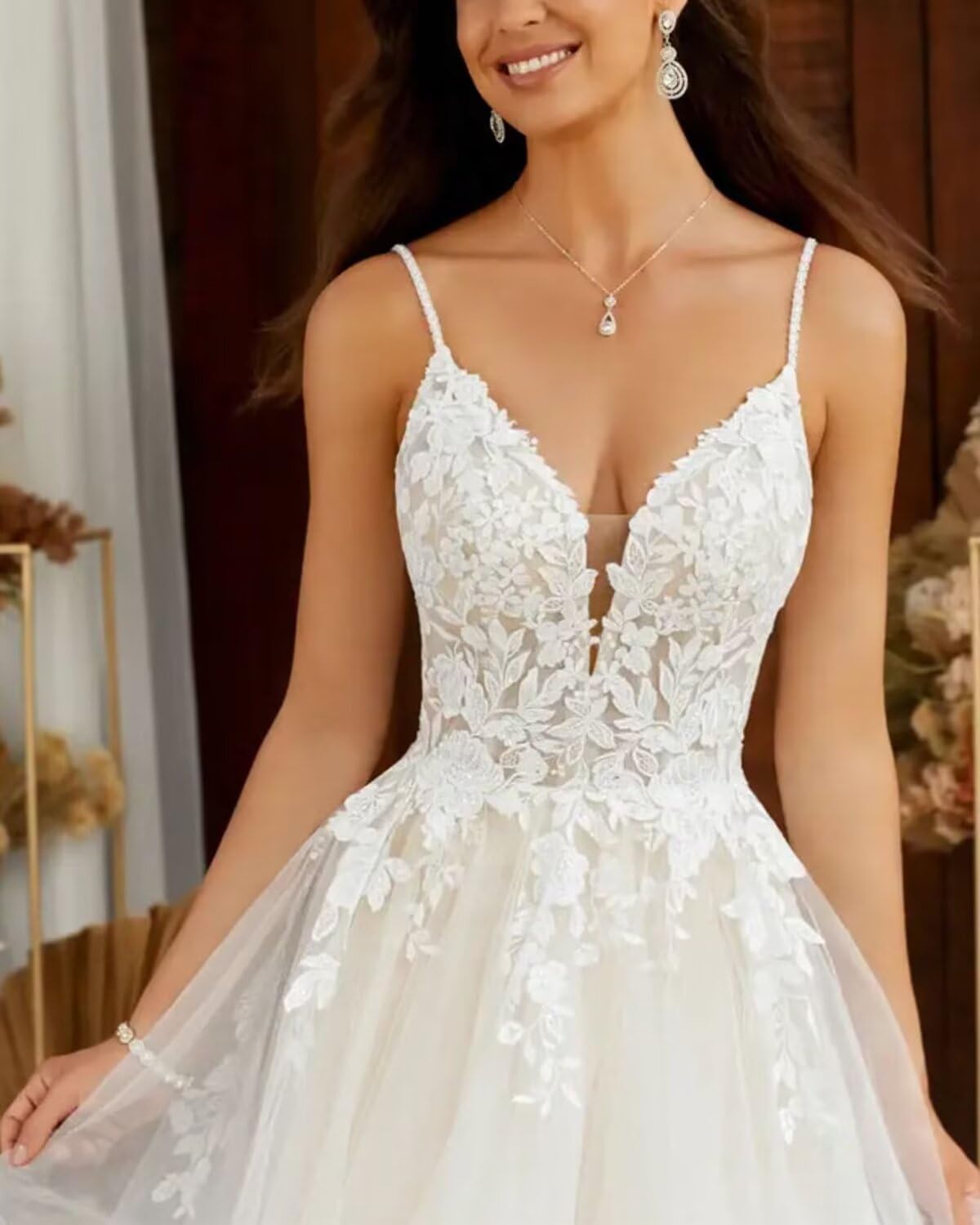 Elegant A-Line Lace Applique Wedding Dress for Bride | Long Tulle Bridal Gown | Perfect for Church, Beach, and Formal Weddings