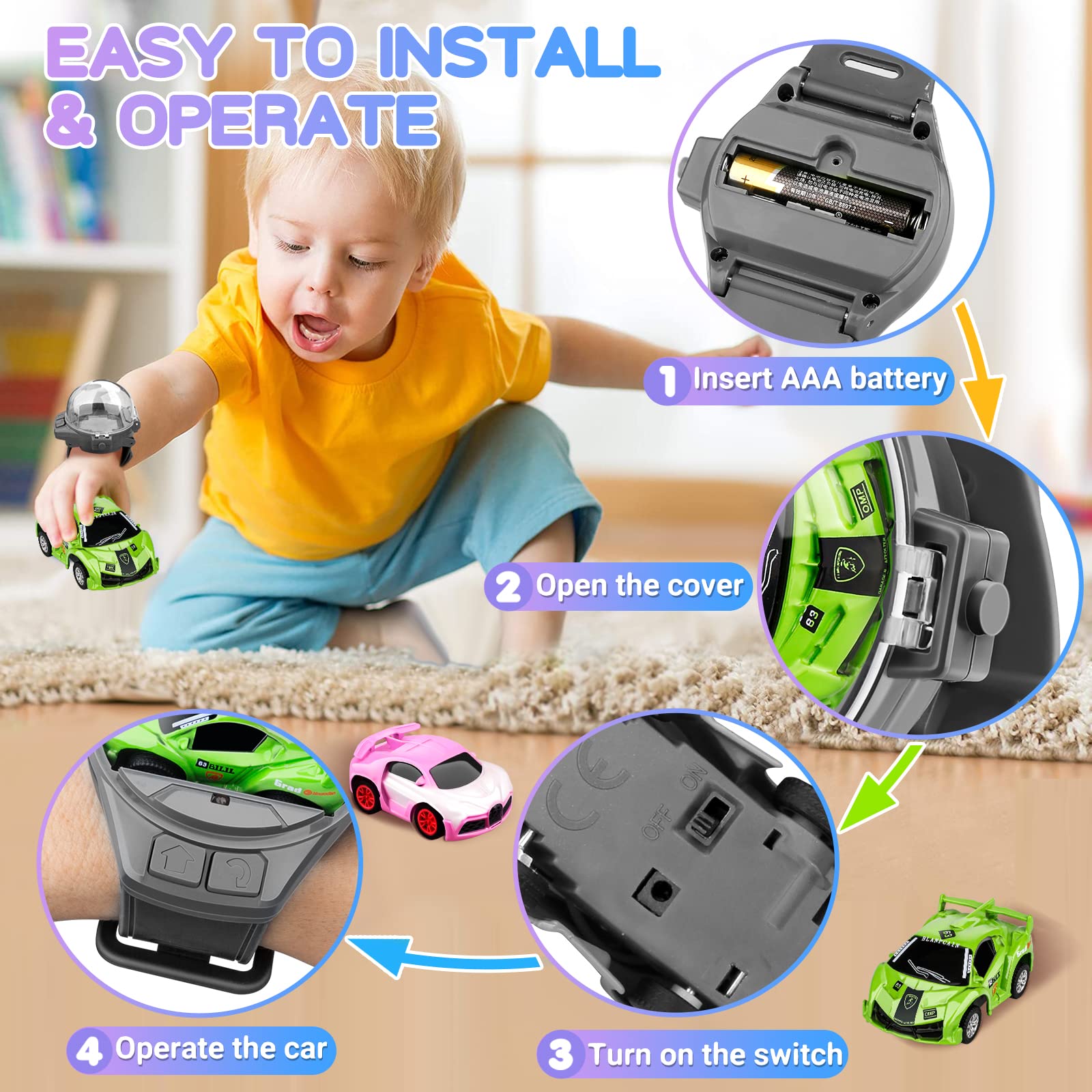 Logoplay 2023 Mini Remote Control Car Watch Toy - 2.4GHz Cartoon RC Racing Car with USB Charging, TikTok Viral Hand-Controlled Watch Car for Kids Birthday Gifts, Party Favors & Indoor Outdoor Play (Green)