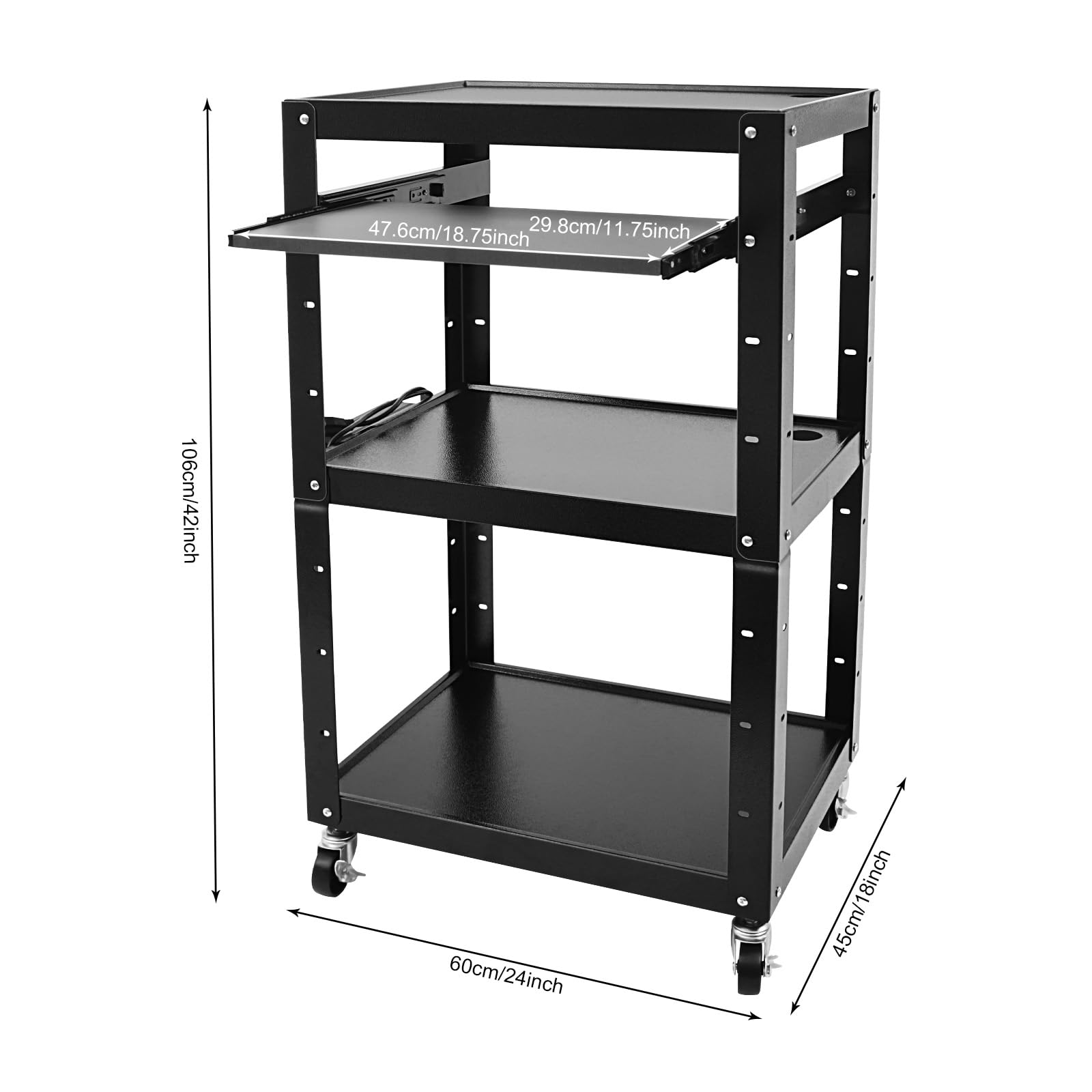 42 Inch Adjustable Height AV Media Cart with Wheels - 4-Tier Steel Rolling Stand for Laptop, Notebook & Keyboard - Mobile Office & Home Use for Presentations, Classrooms & Workspaces