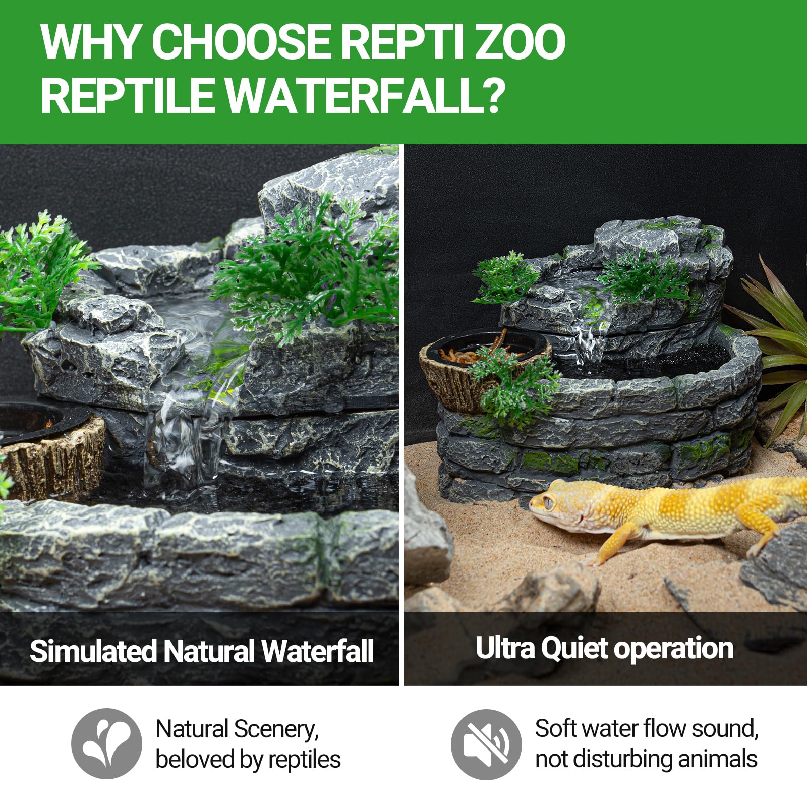 REPTI ZOO 550ML Reptile Water Fountain with Food Dish - Automatic Terrarium Waterfall Drinking Fountain for Bearded Dragons, Geckos, Chameleons, Lizards, Tree Frogs & Turtles | Keeps Water Clean & Fresh | Perfect for Reptile Habitats & Terrariums
