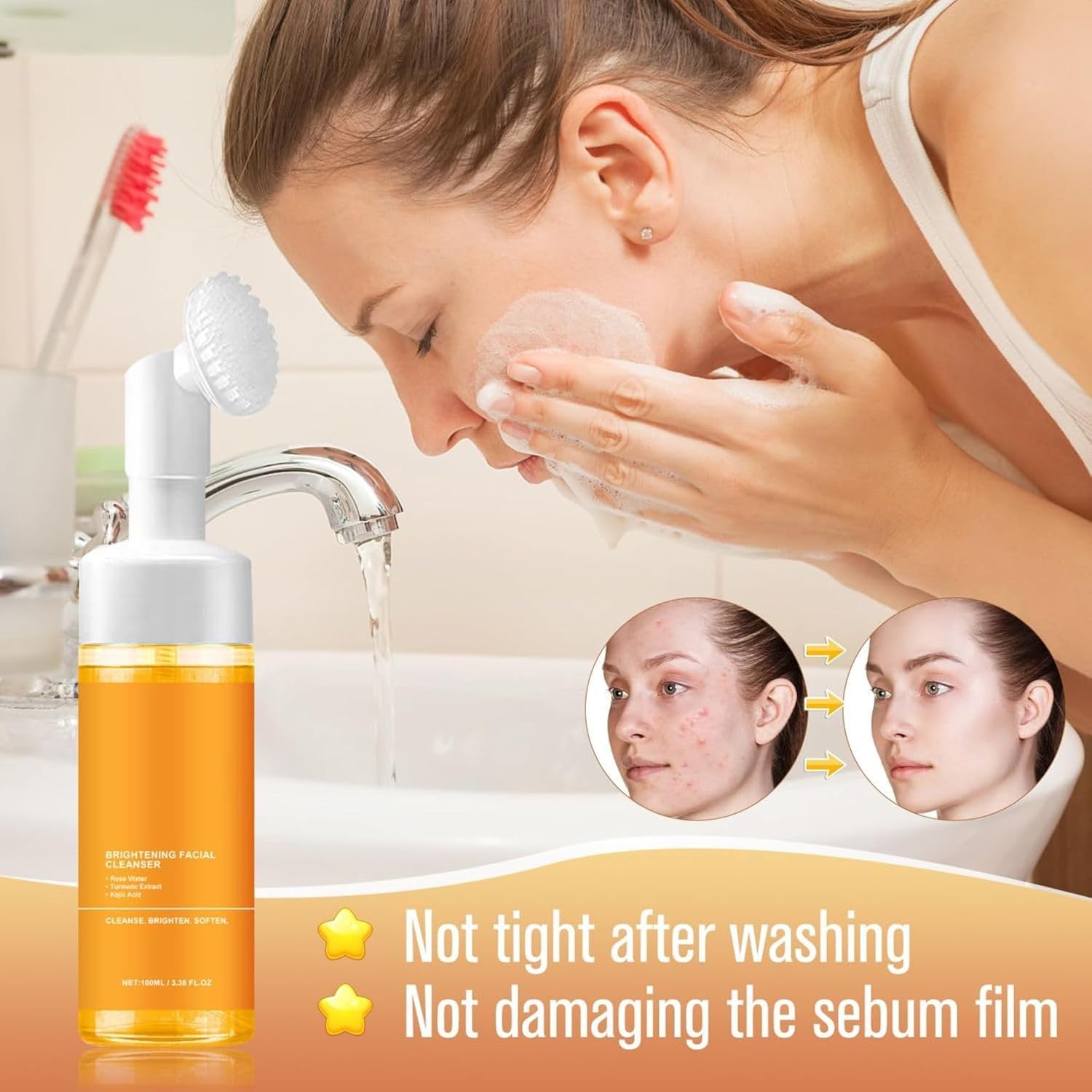 2pcs Turmeric Facial Cleanser for Acne & Brightening | Natural Turmeric Face Wash & Foaming Cleanser for All Skin Types | Daily Skincare Routine & Sensitive Skin Care