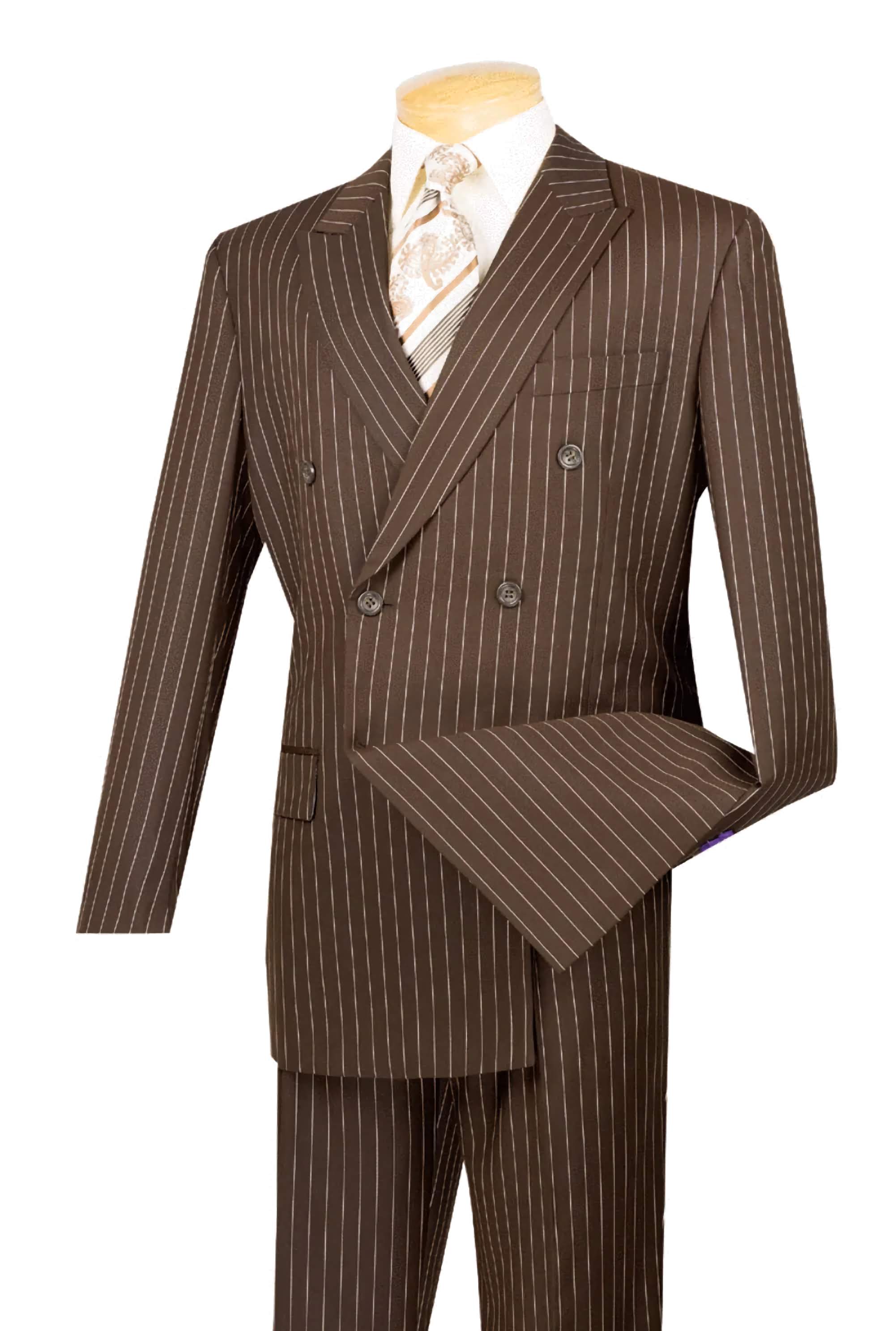 Rockefeller Collection Men's Double Breasted Stripe Suit - Brown 2-Piece Business Formal Attire for Office, Wedding & Special Occasions