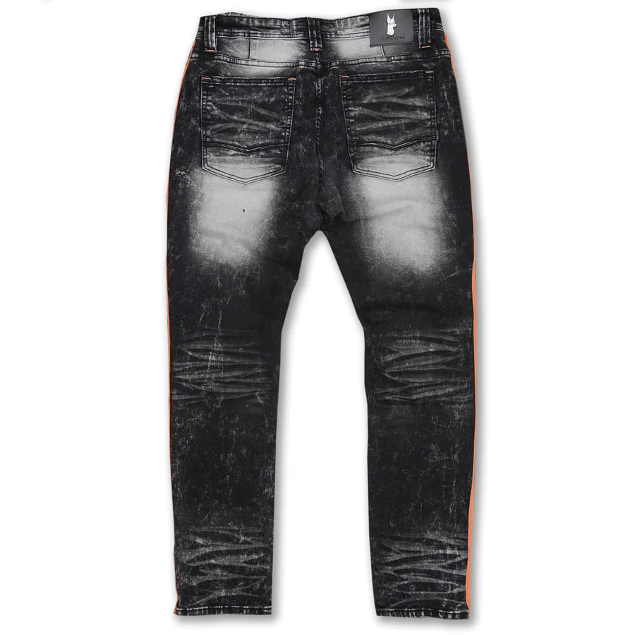 Makobi M1986 Ozarks Shredded Jeans with Side Tapes - Black/Peach | Distressed Denim Pants for Men | Perfect for Streetwear, Casual Outfits & Music Festivals