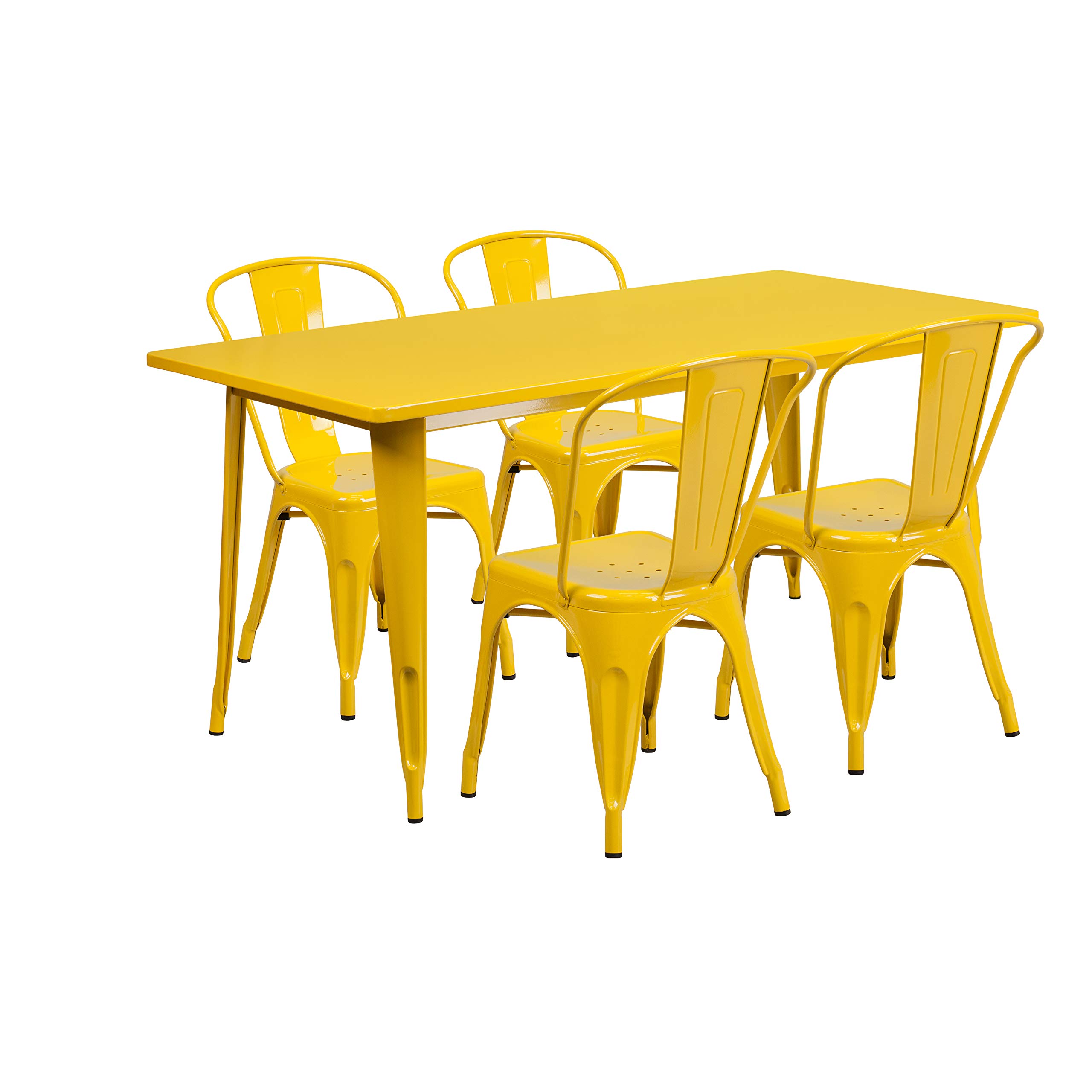 EMMA + OLIVER 4-Piece Commercial Metal Dining Set - Yellow Rectangular Indoor/Outdoor Table with Stackable Chairs for Restaurants, Cafes & Patios