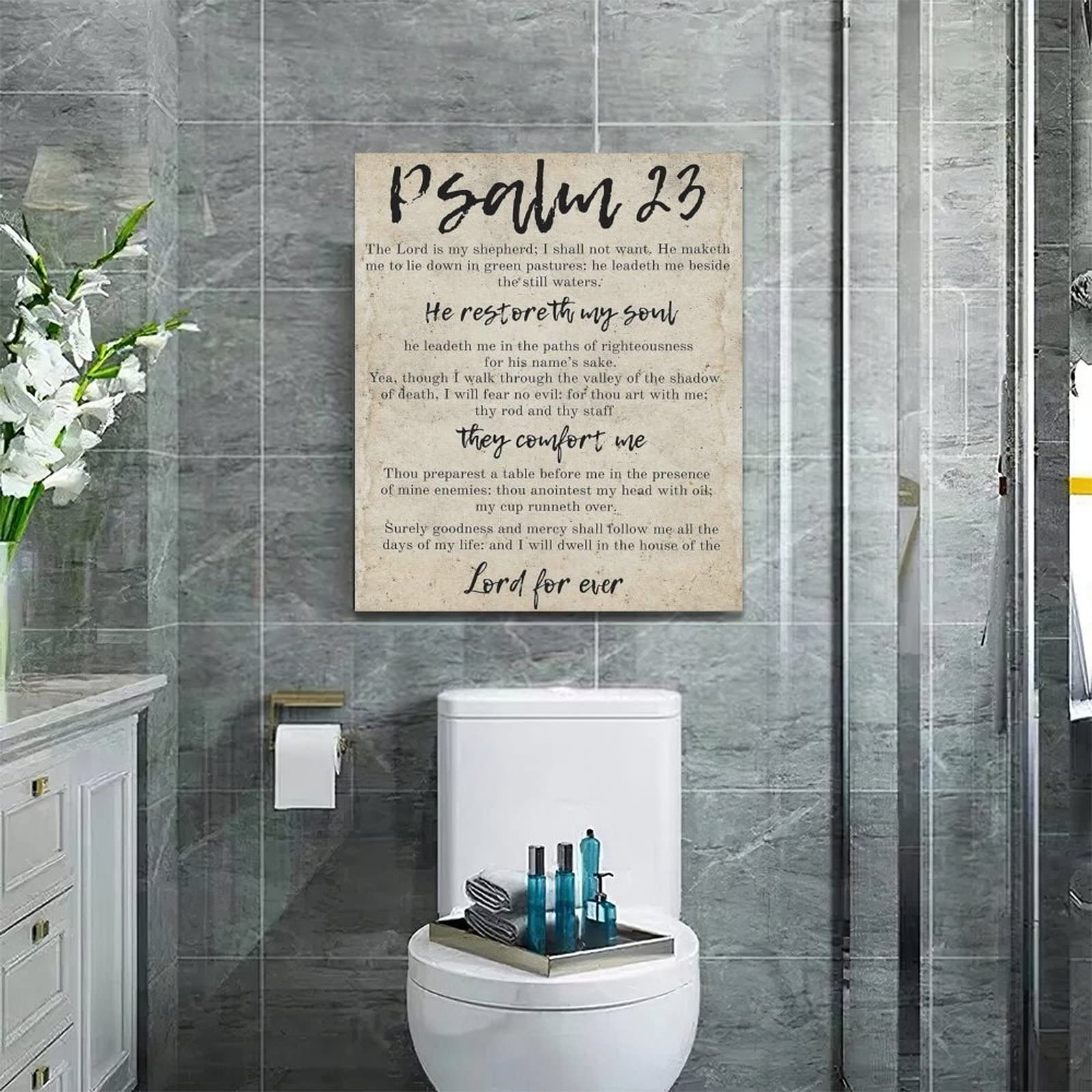 Psalm 23 Christian Wall Art - Inspirational Bible Verse Canvas Print with Retro Frame (20