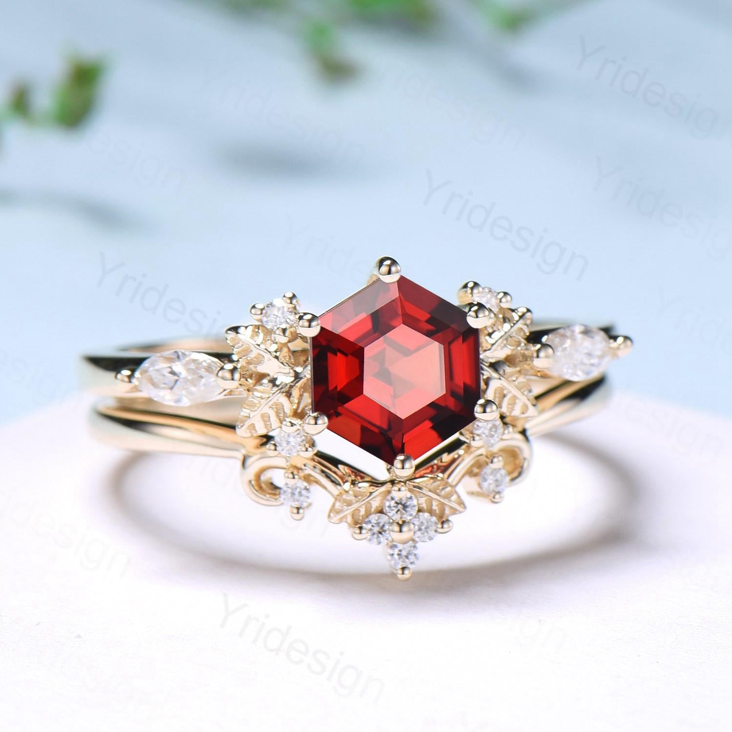 14K Yellow Gold Hexagon Garnet Engagement Ring Set - Nature Inspired Leaf Vine Wedding Band - January Birthstone Jewelry for Women - Perfect for Proposals, Anniversaries & Special Occasions