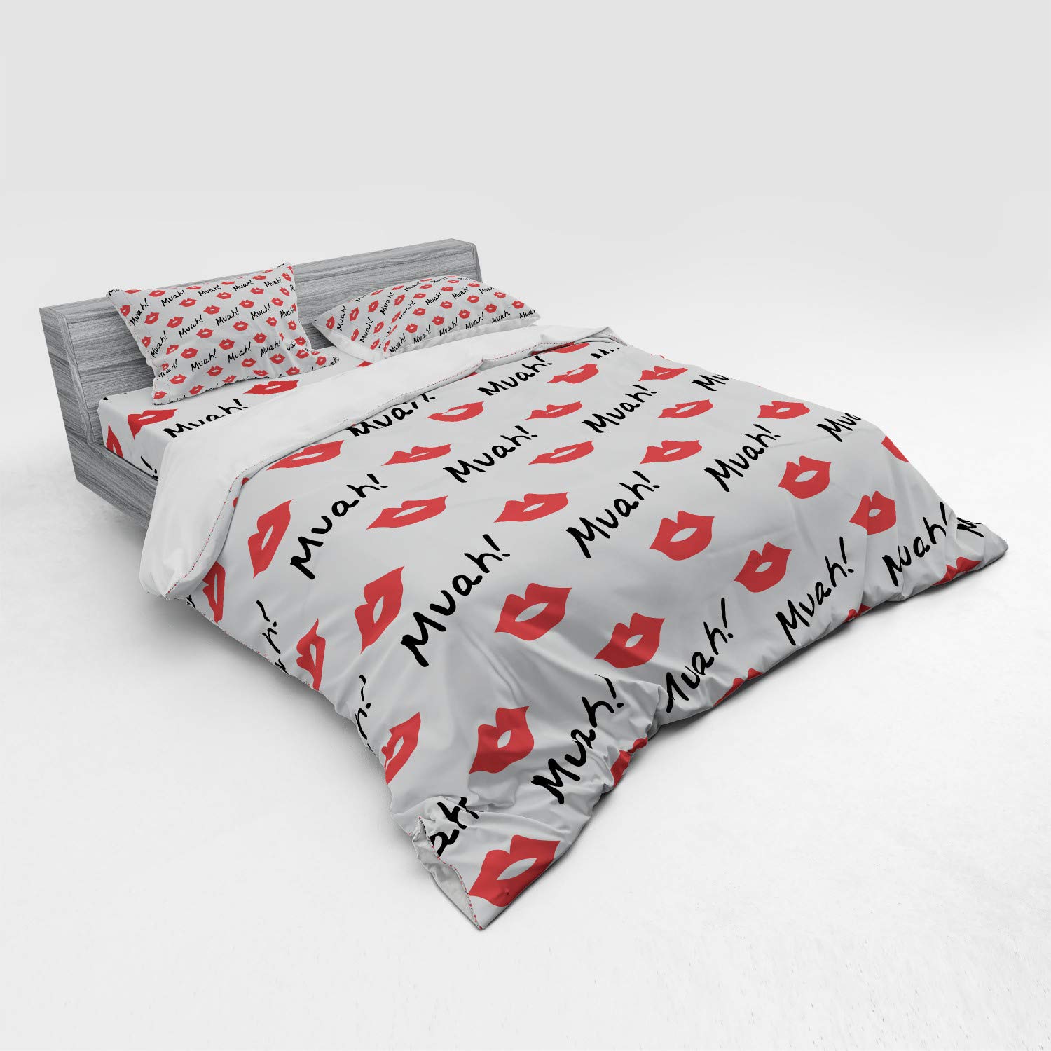 Ambesonne Romantic Red Lips Kiss Marks Duvet Cover Set - 4 Piece King Size Bedding with Shams & Fitted Sheet, Vermilion White - Perfect for Valentine's Day, Anniversary Gifts & Feminine Bedroom Decor