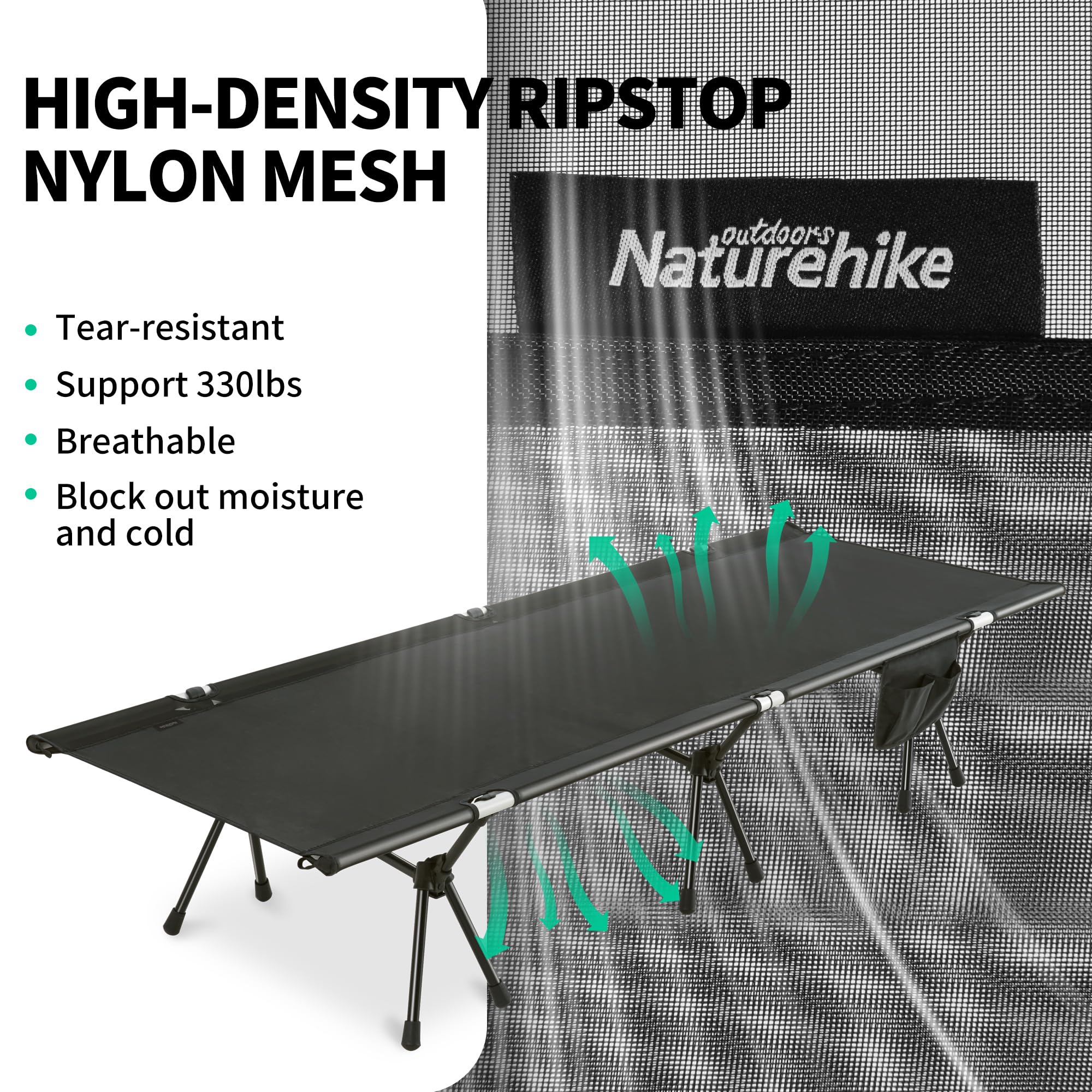 Naturehike WildField Adjustable Folding Camping Cot with Side Pocket - Lightweight Portable Camping Bed for Outdoor Adventures, Hiking, Travel & Home Use - Perfect for Camping Trips, Backpacking & Emergency Preparedness