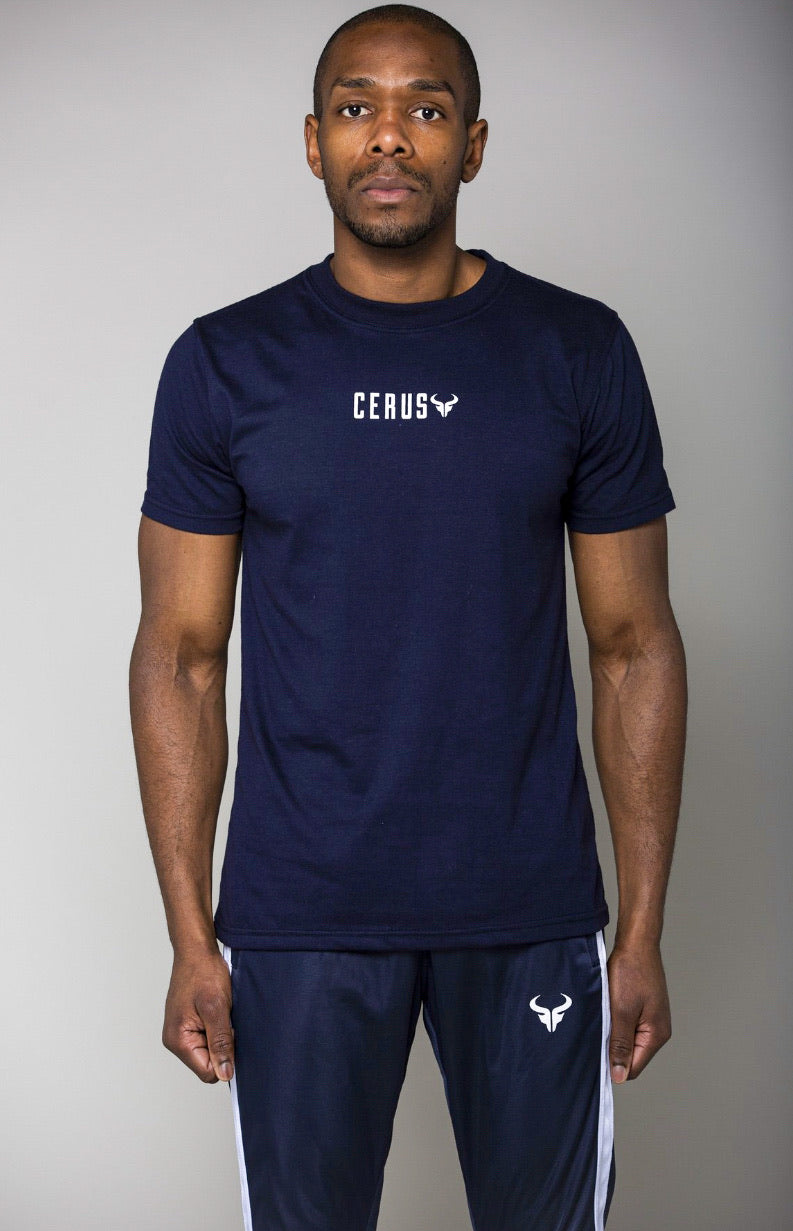 Cerus Navy Muscle Fit T-Shirt for Men - Slim Fit Cotton Tee with White Small Print Logo - Gym, Workout, Casual Wear