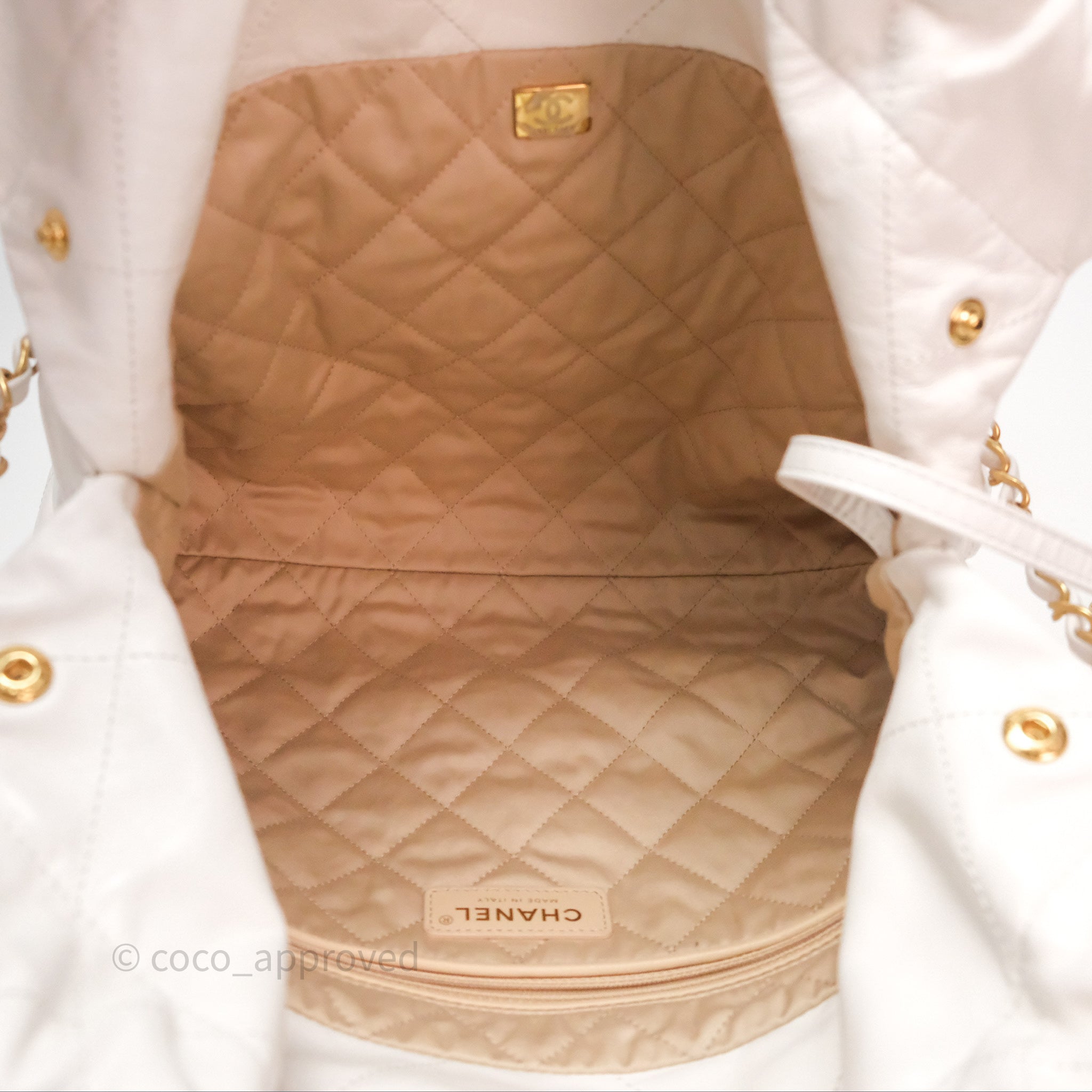 Chanel 22 Small White Shiny Calfskin Bag with Aged Gold Hardware - Luxury Crossbody Purse for Women, Perfect for Date Night & Special Occasions