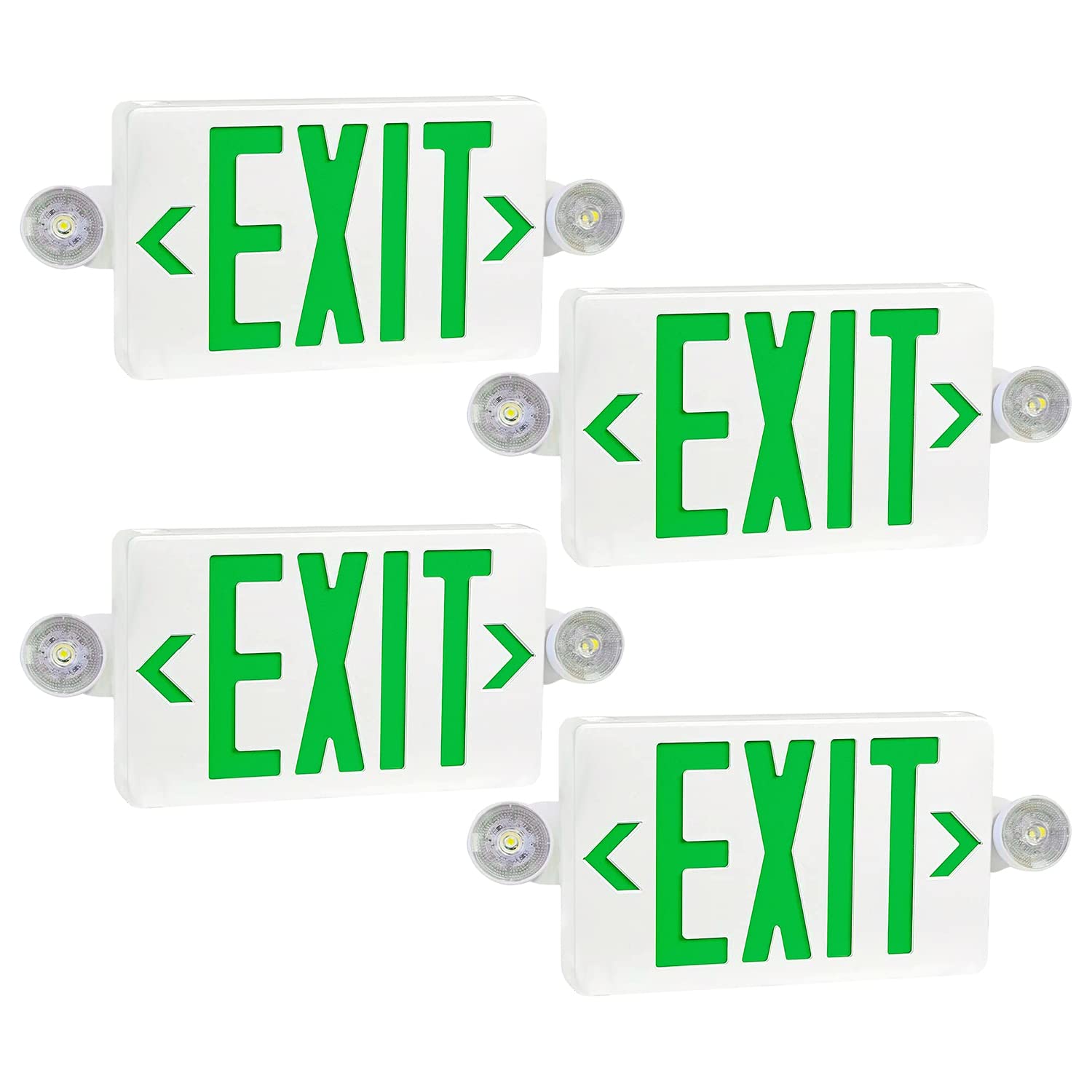 4 Pack UL-Listed Green LED Exit Signs with Emergency Backup Battery - Fire Resistant ABS Dual Head Adjustable Emergency Lighting (120-277V) for Commercial Buildings, Warehouses & Public Safety Areas