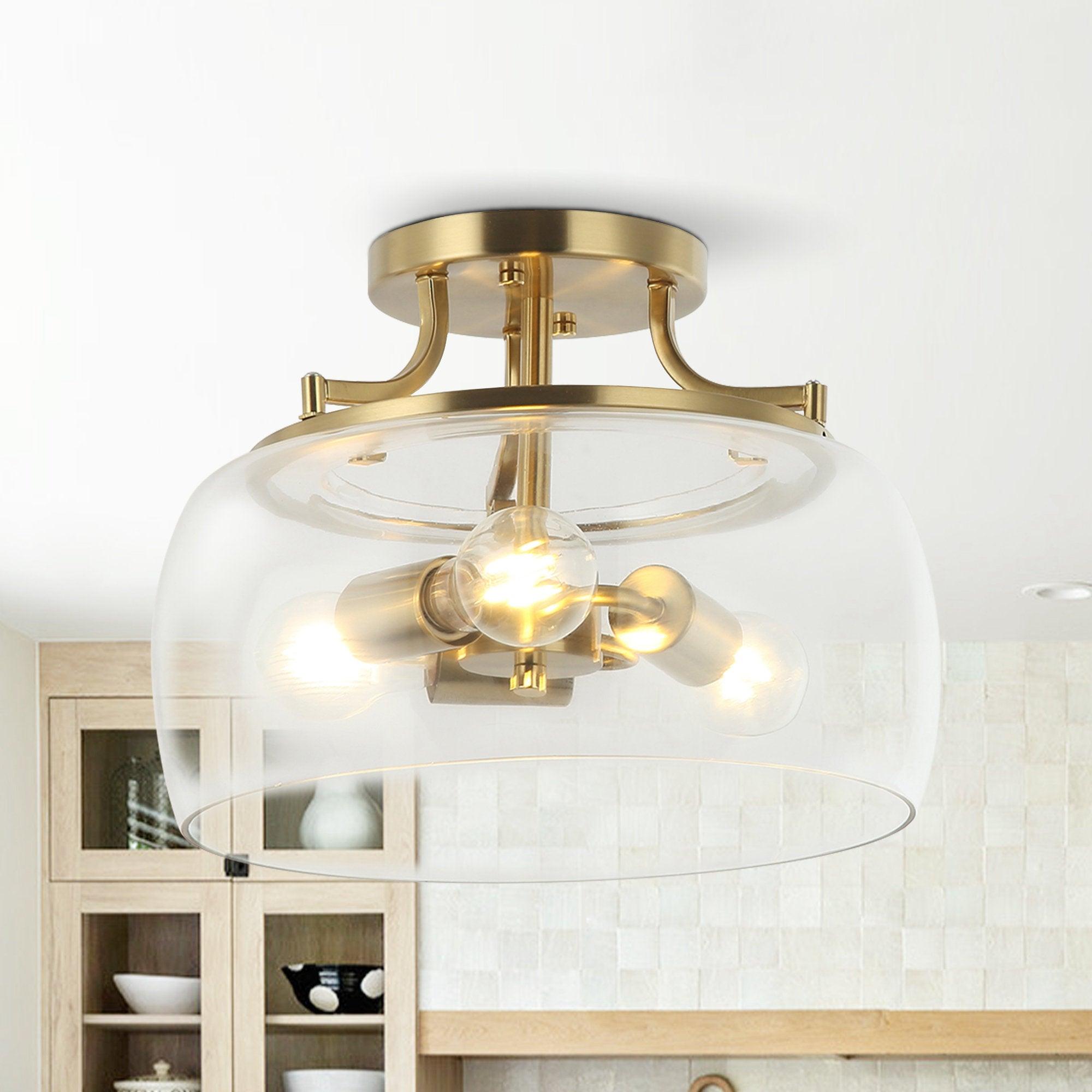 13 Inch 3 Light Brass Gold Semi Flush Mount Ceiling Light Fixture with Clear Glass Shade - Elegant Lighting for Dining Room, Bedroom, or Entryway